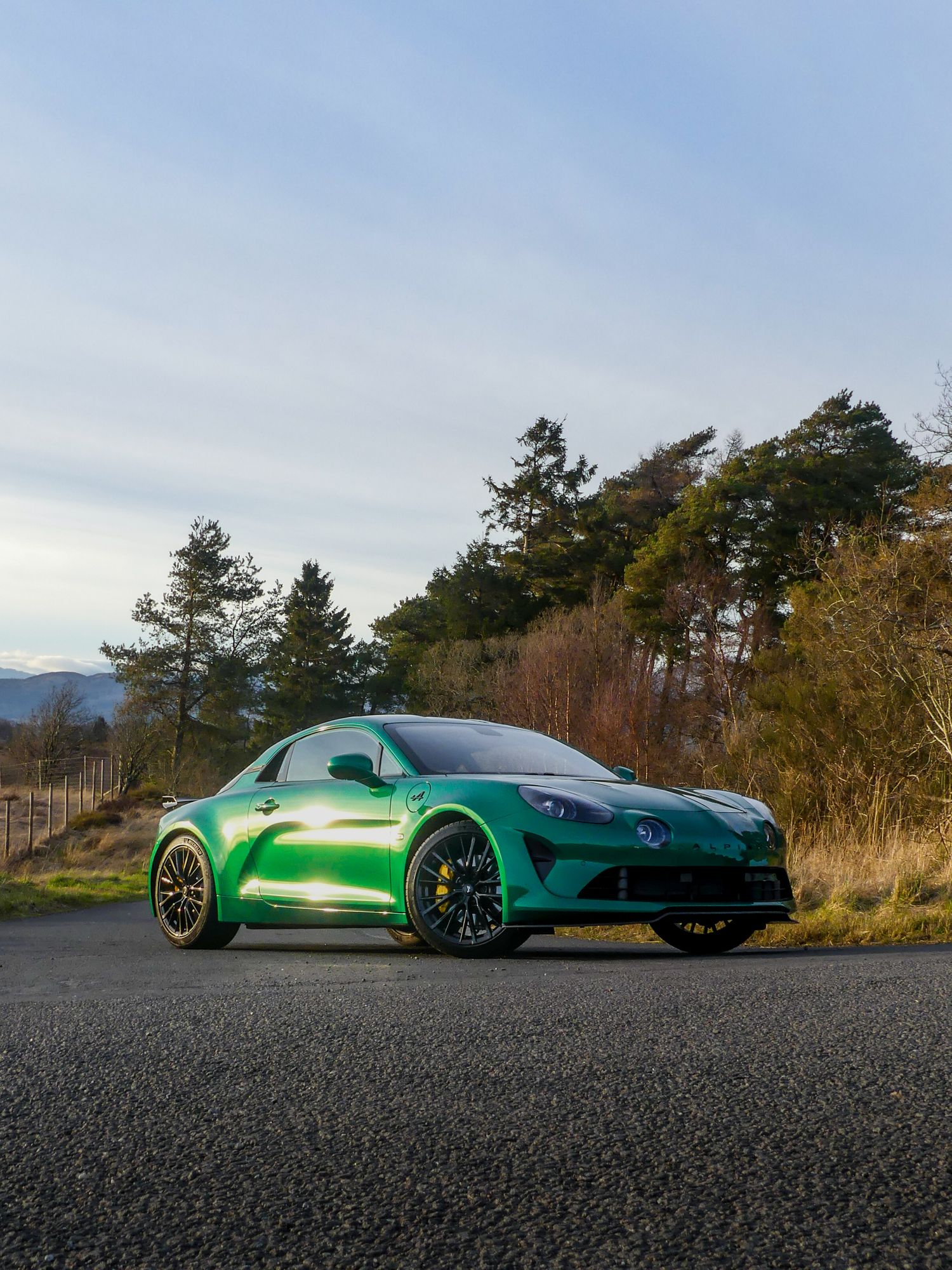 Sleek green Alpine A110s sports car showcased in scenic mountain location from multiple angles.