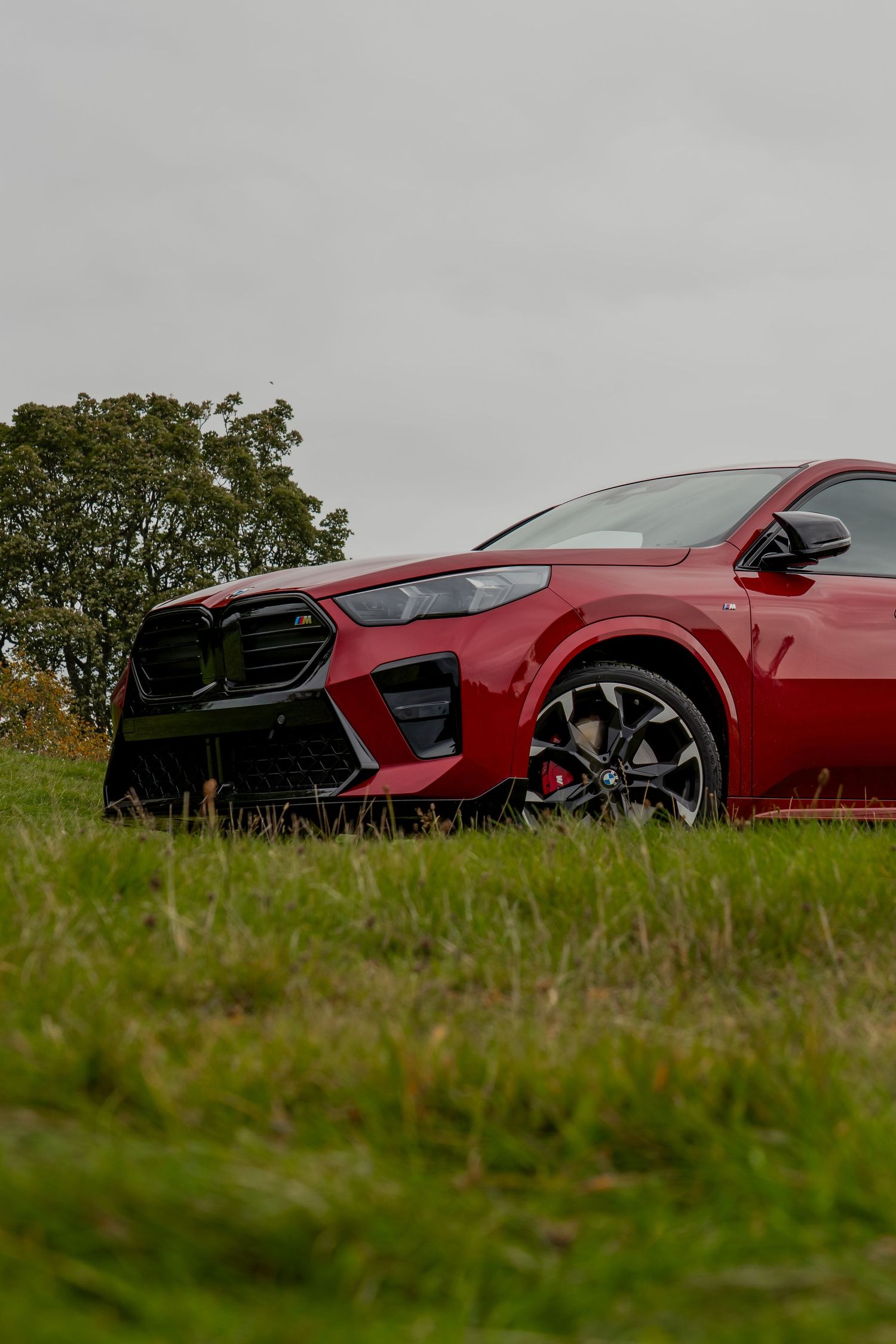 A red BMW performance SUV with sporty black accents sits low in a grassy field under an overcast sky.
