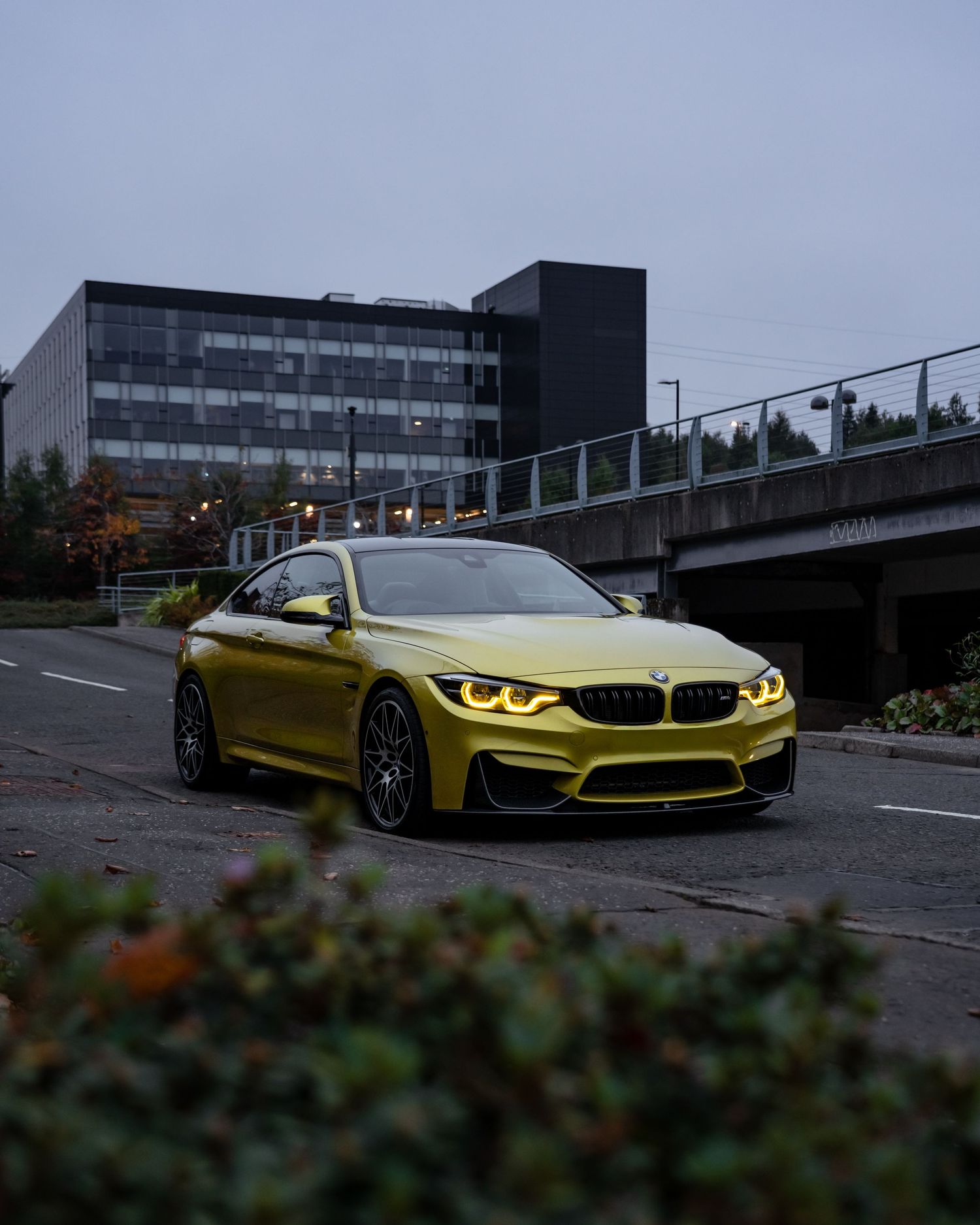 A sleek yellow BMW M4 sports car photographed at dusk against modern urban architecture.
