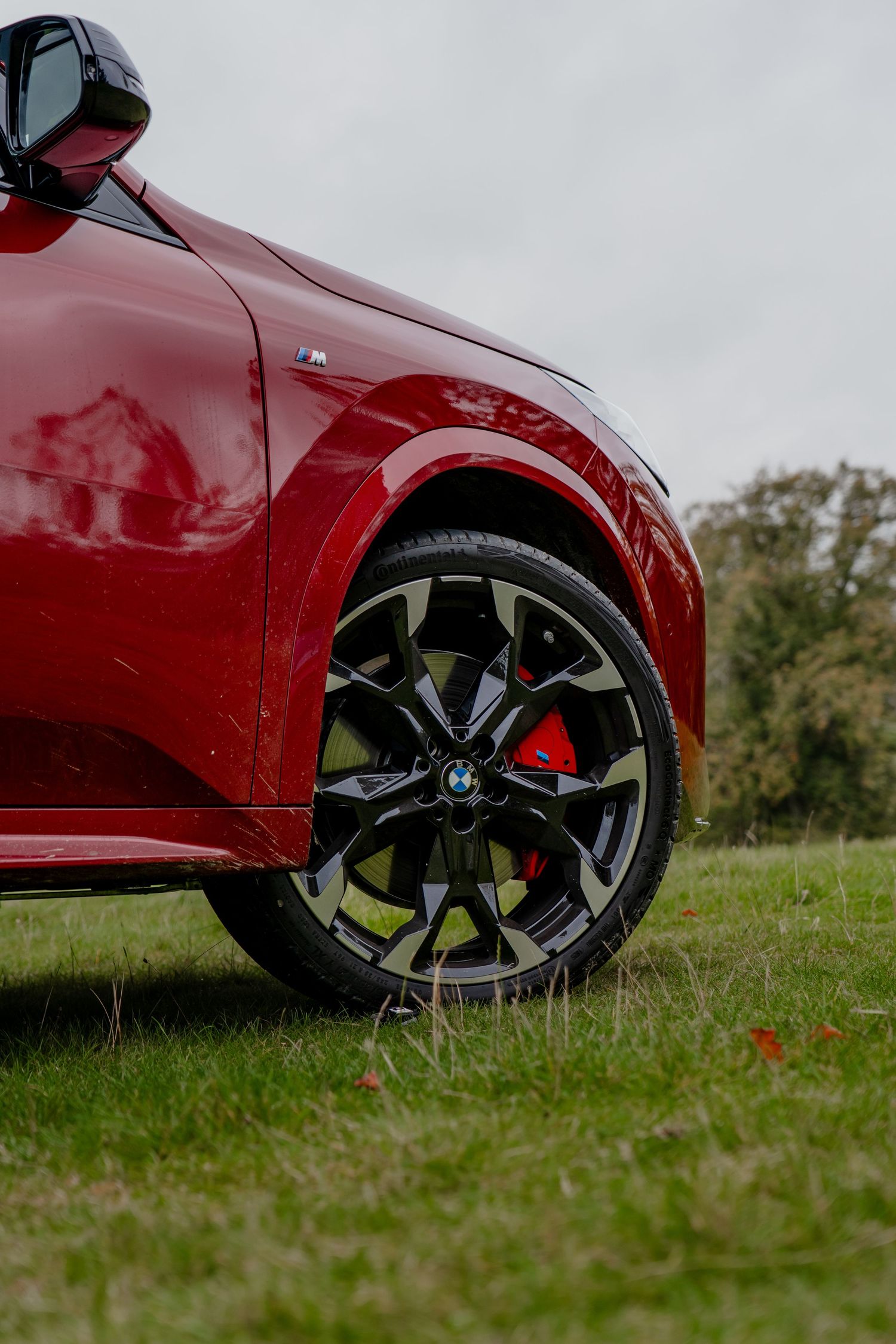 Close-up view of black alloy wheel with red brake caliper on a red car parked on grass.