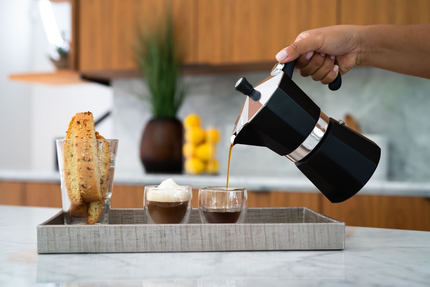Step by step coffee brewing process shown on wooden serving boards.