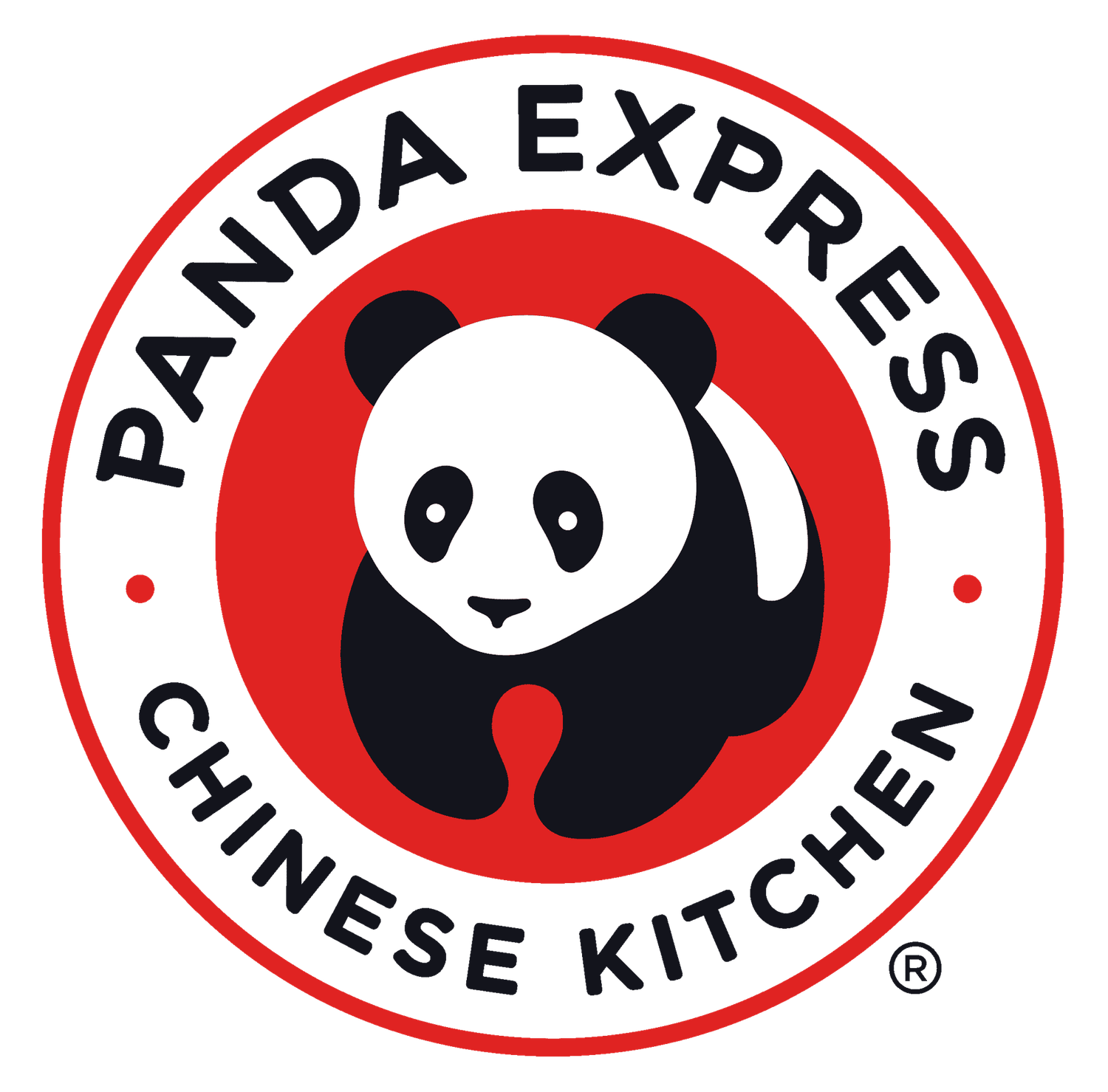 Row of red and white circular Panda Express restaurant logos with panda bear mascot.
