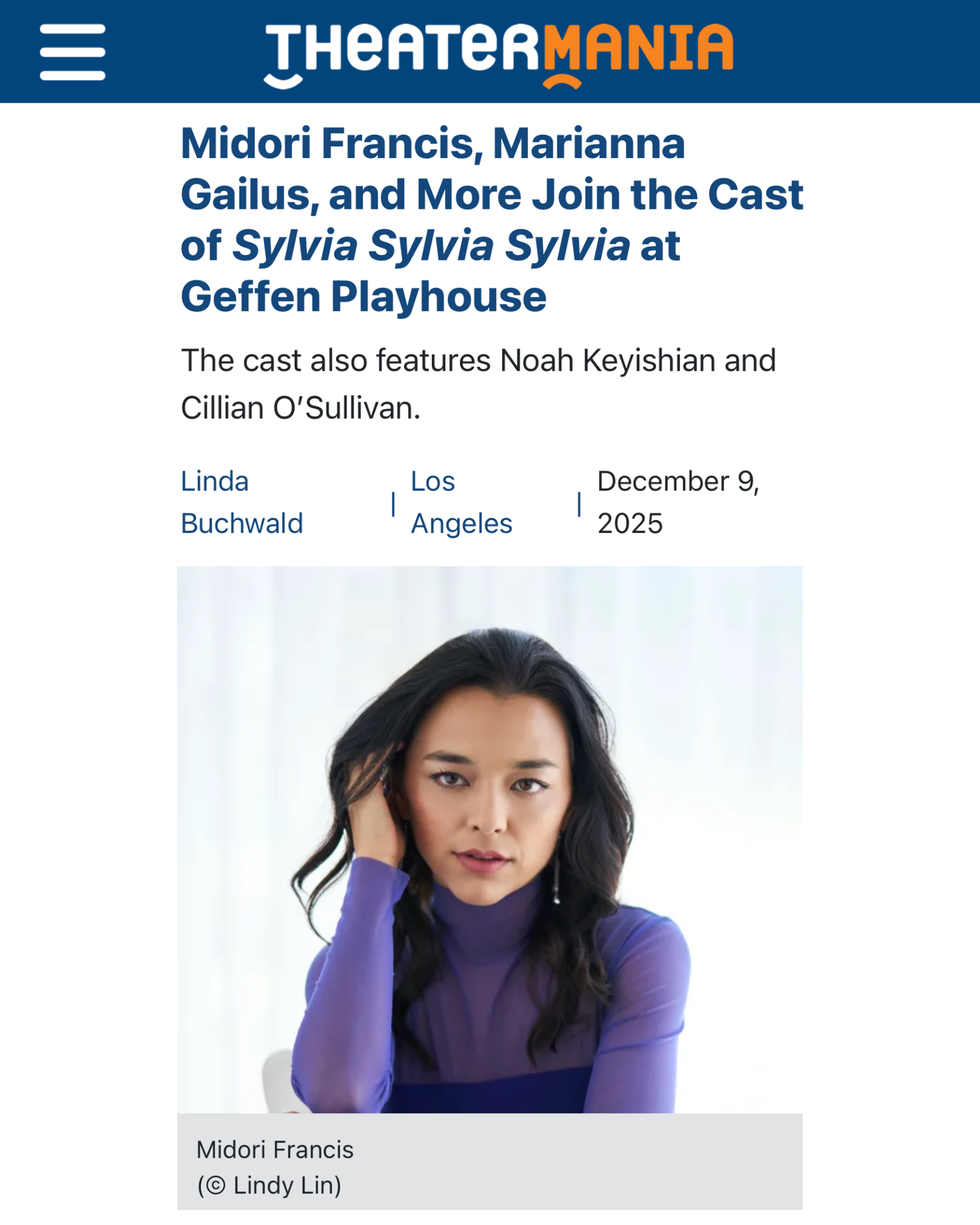 Theater website header featuring purple and blue branding with performance details.