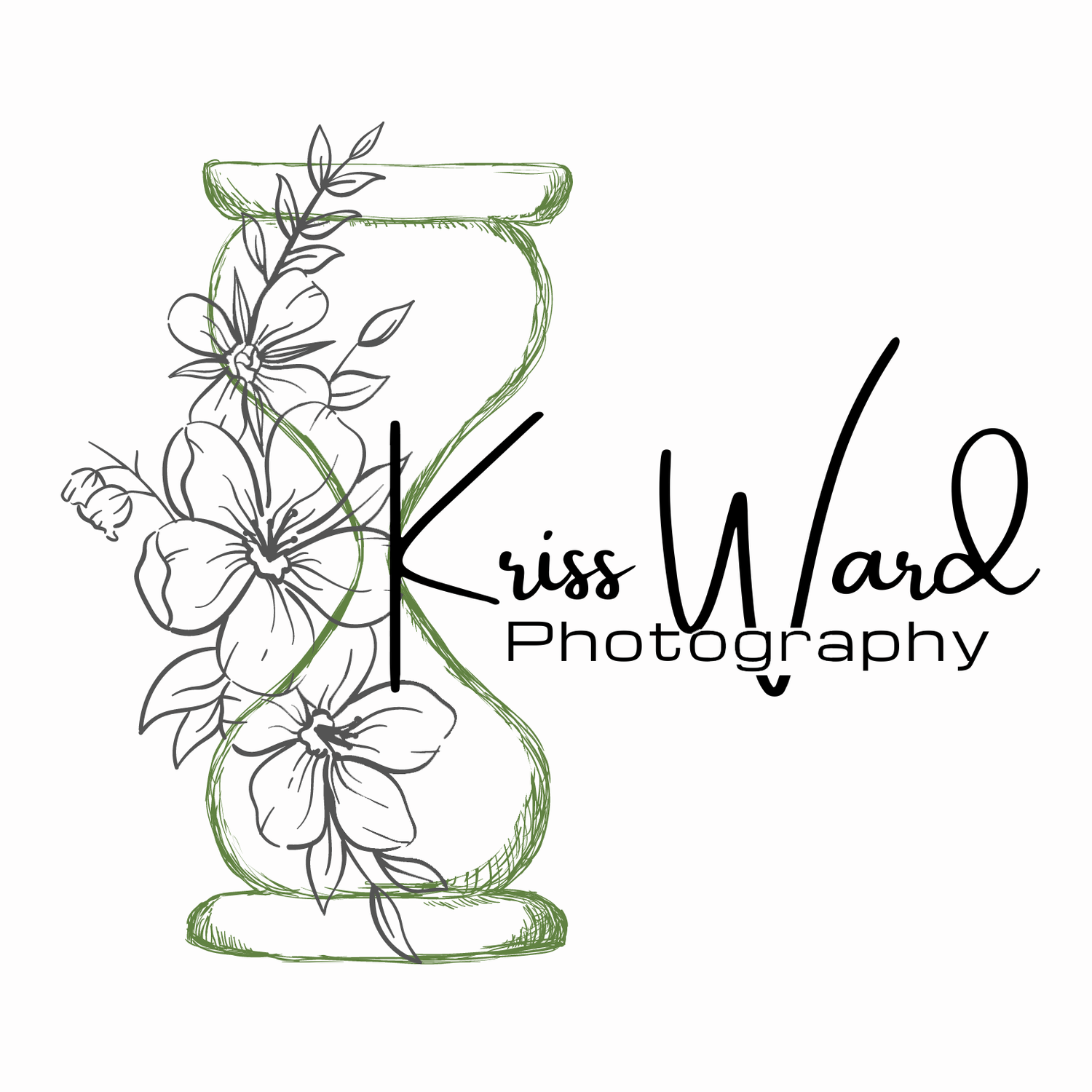 Elegant photography logo design featuring hand-drawn floral elements and minimalist text in green and black.