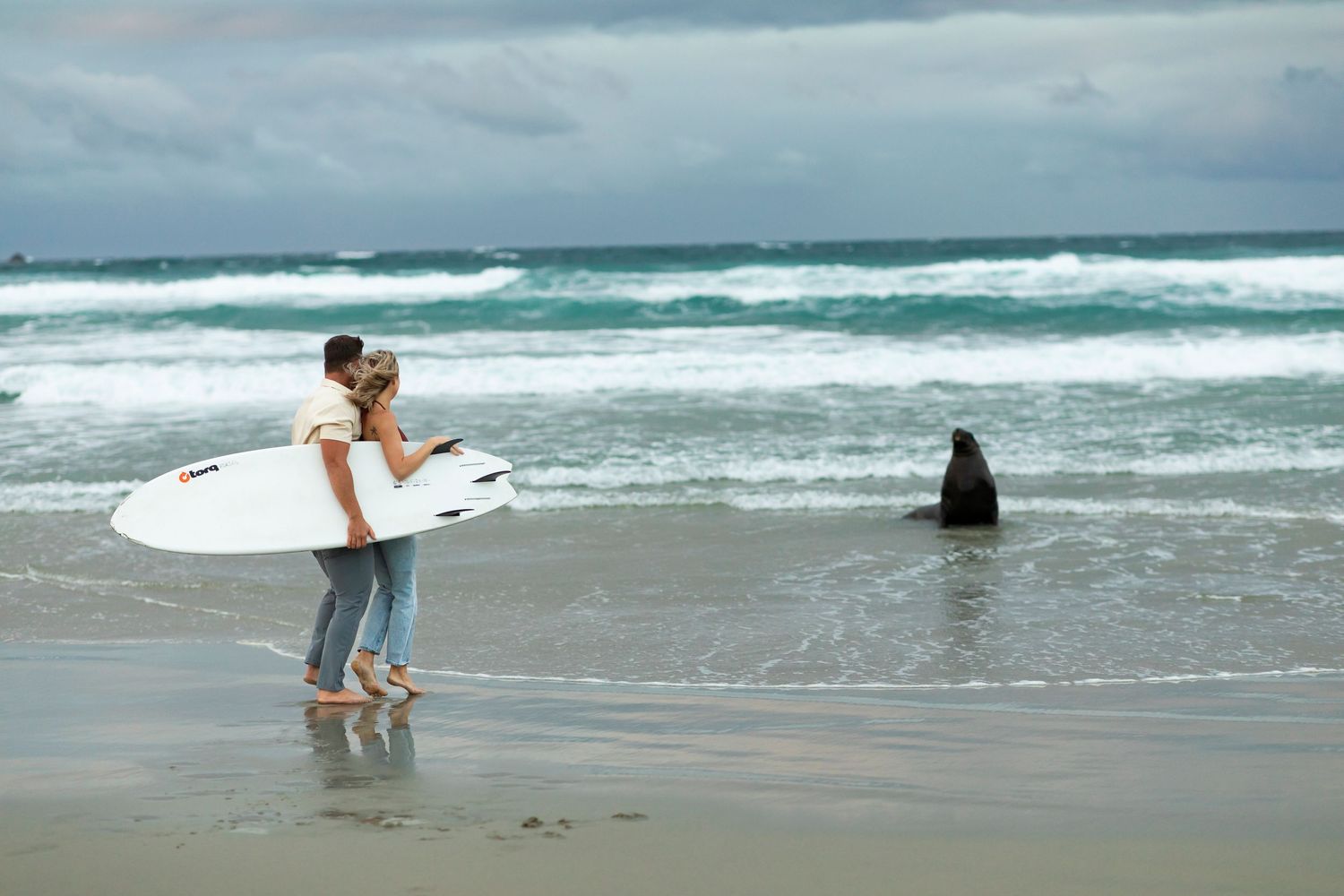 destination photoshoot of beach engagement new zealand couple surfboard meets sealion  photobomb
