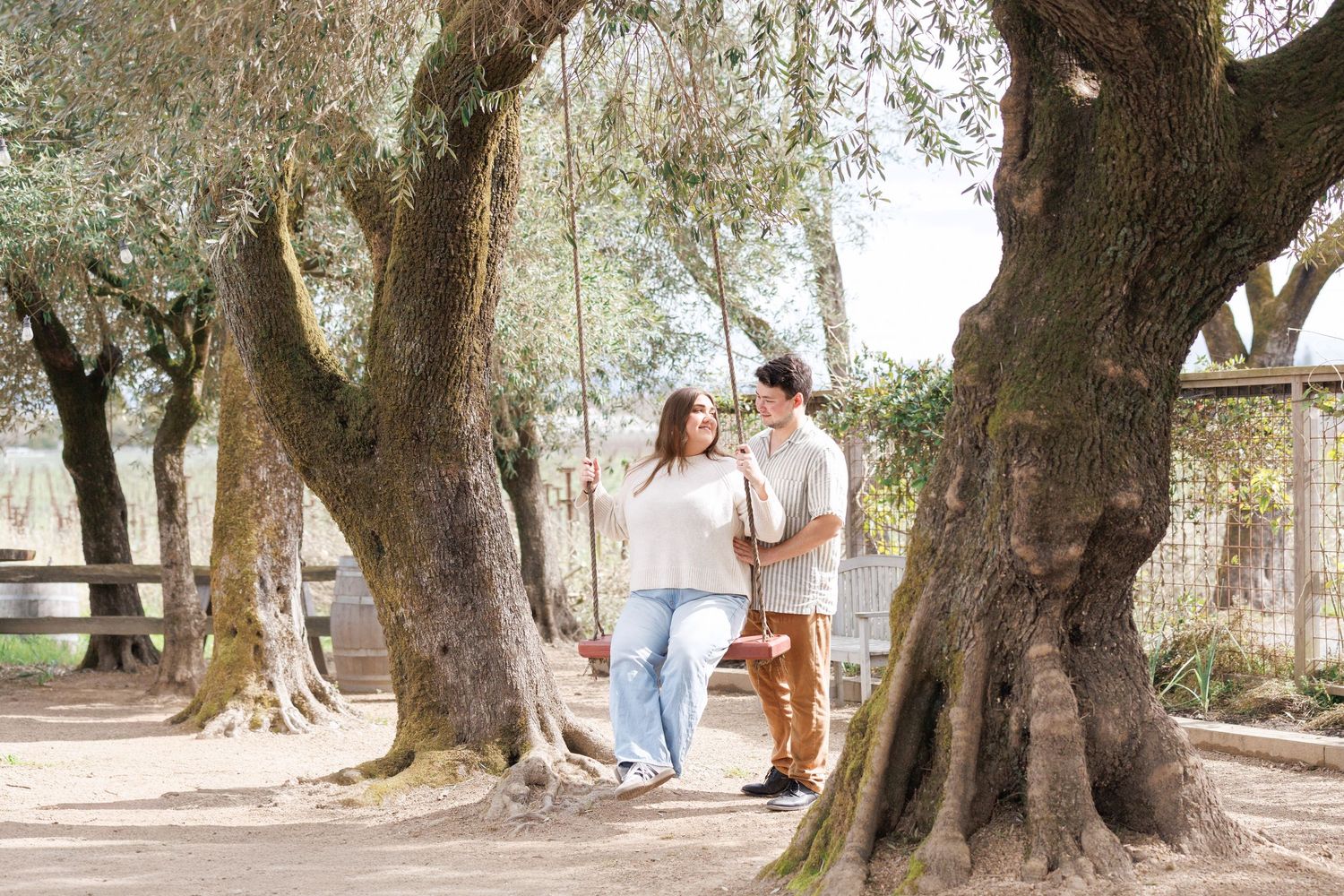 Romantic couple shares a tender moment by a swing under ancient olive trees in a sunny outdoor setting.