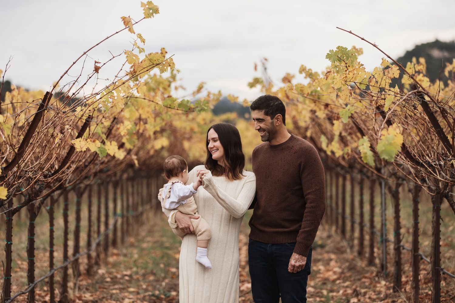 A couple with their baby stands between rows of autumn grapevines in a rustic vineyard setting.