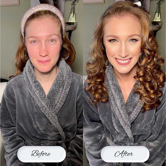 Side by side before and after transformation showing a dramatic makeover with styled curls and glam makeup in plush gray robes.