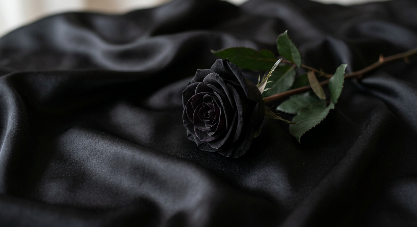 A single black rose resting on luxurious dark silk fabric, symbolizing elegance and mystery.