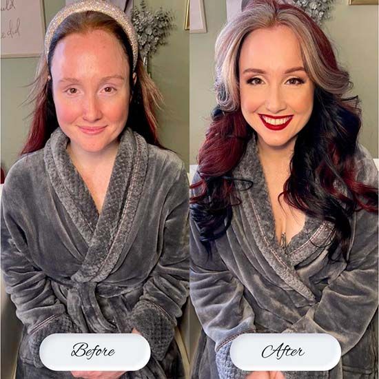 A side-by-side before and after makeover comparison showing a dramatic transformation with hair and makeup styling.