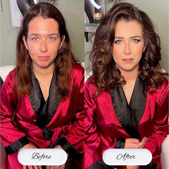 Before and after hair and makeup transformation showing a woman wearing a red silk robe with black lapels.