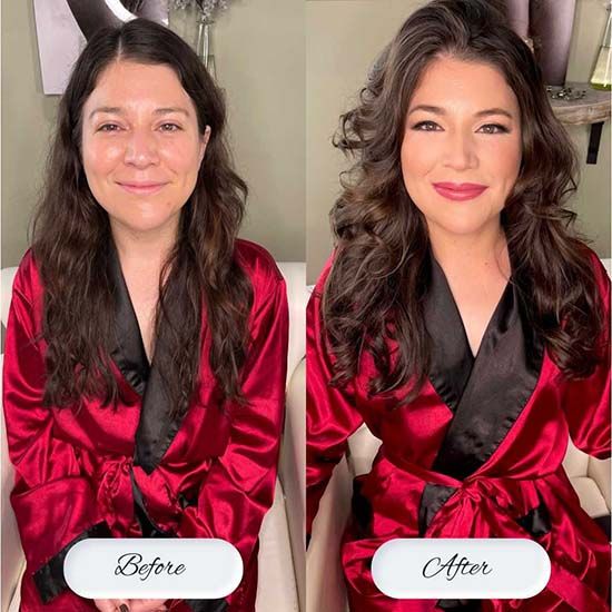 A before and after transformation showing the same person in a red silk robe, demonstrating professional makeup application.