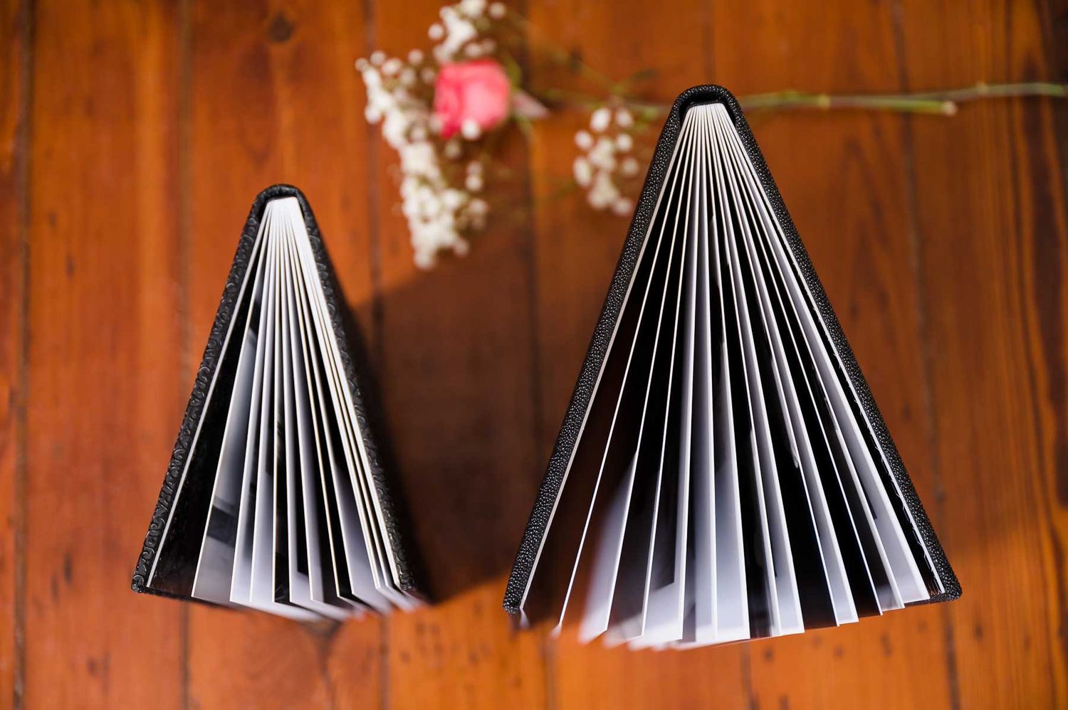 Two black photo albums standing upright showing fanned pages on wooden surface.