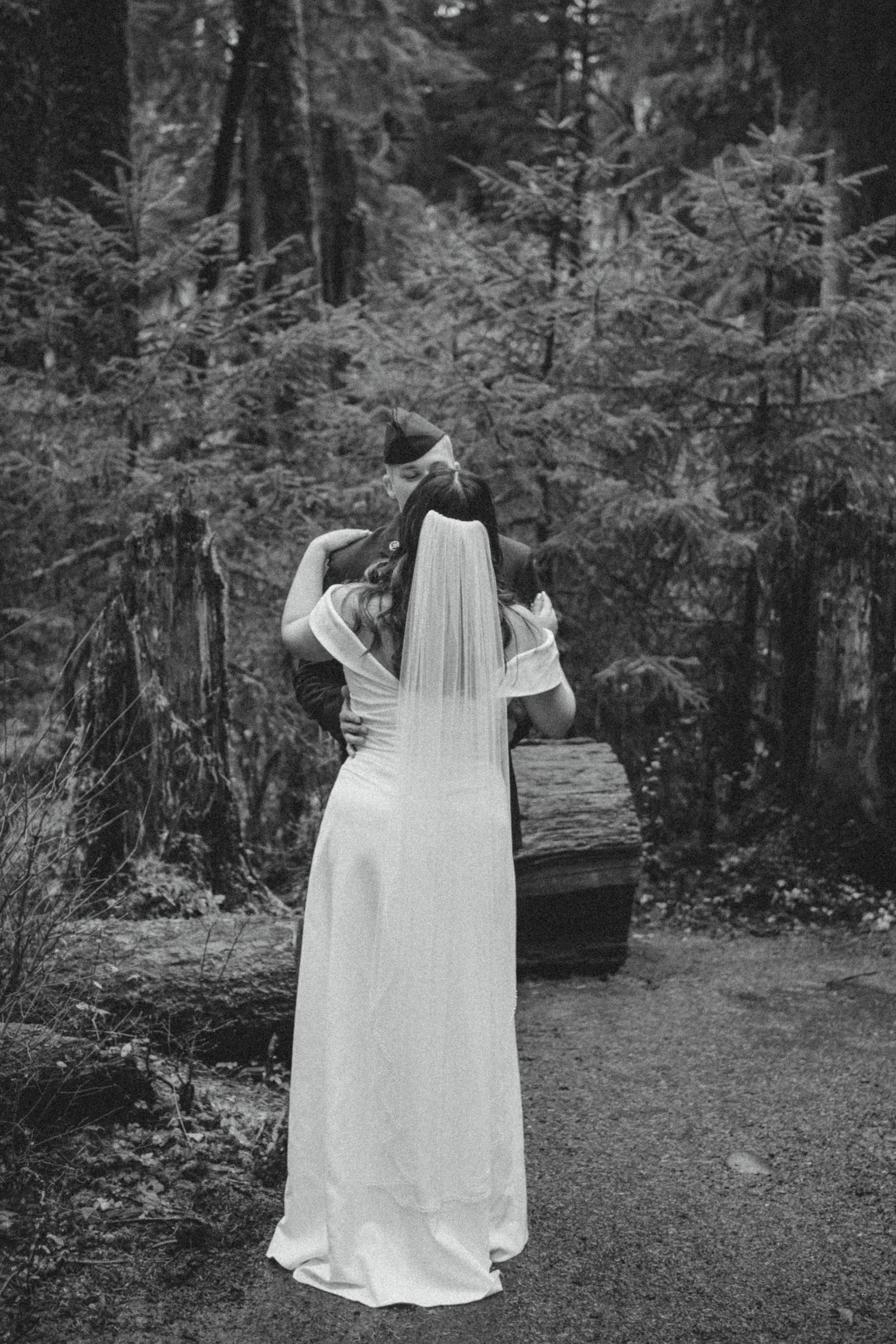 A bride in a flowing white dress with a long veil stands in a forest clearing surrounded by evergreen trees.