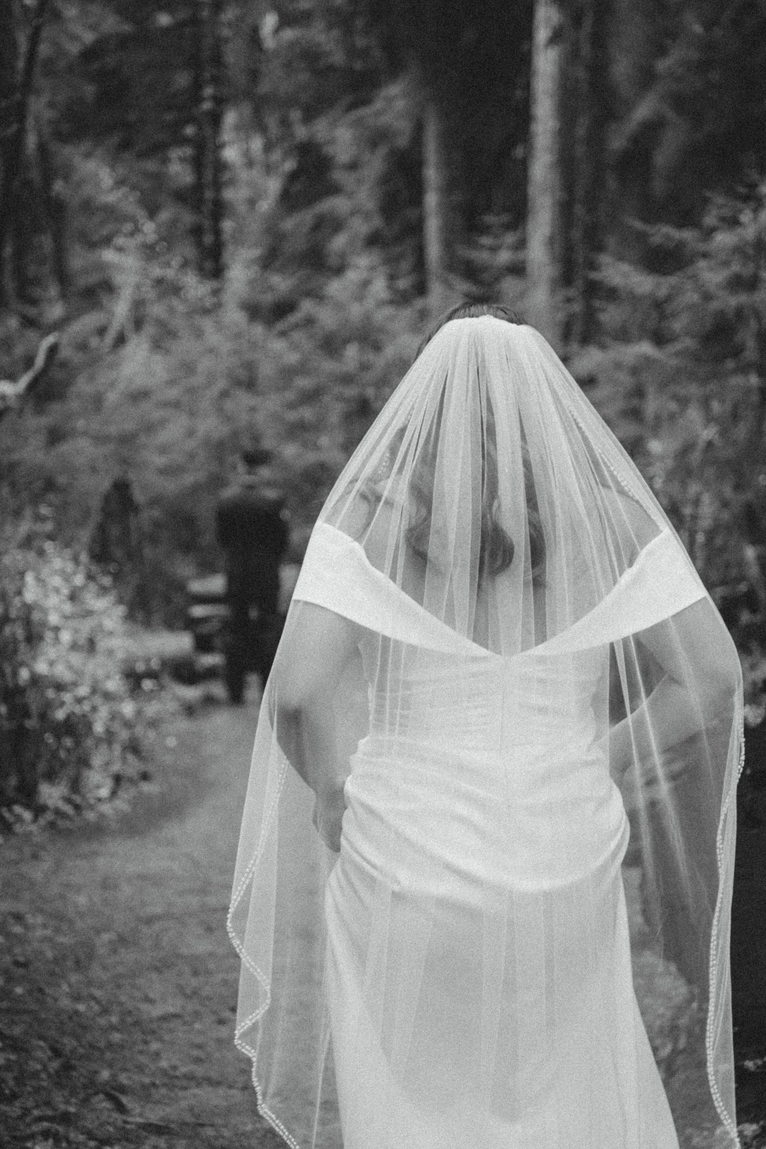 Black and white photo of a bride from behind wearing a white wedding dress and flowing veil in a forest setting.