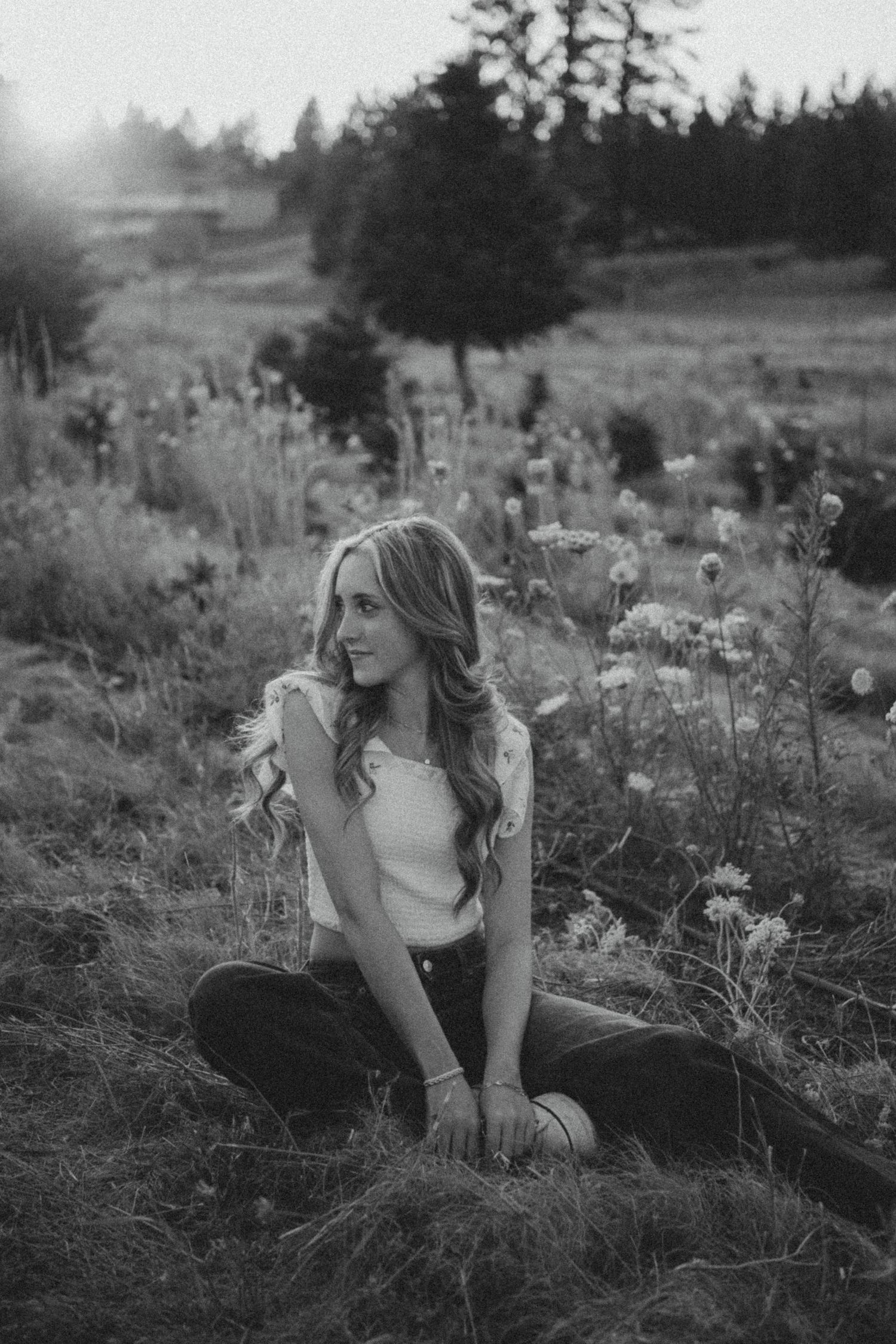 A black and white artistic portrait shows someone sitting in a meadow with wildflowers as sunlight filters through trees.