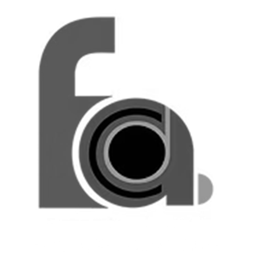 Bold gray FA monogram logo with concentric circular lens graphic.