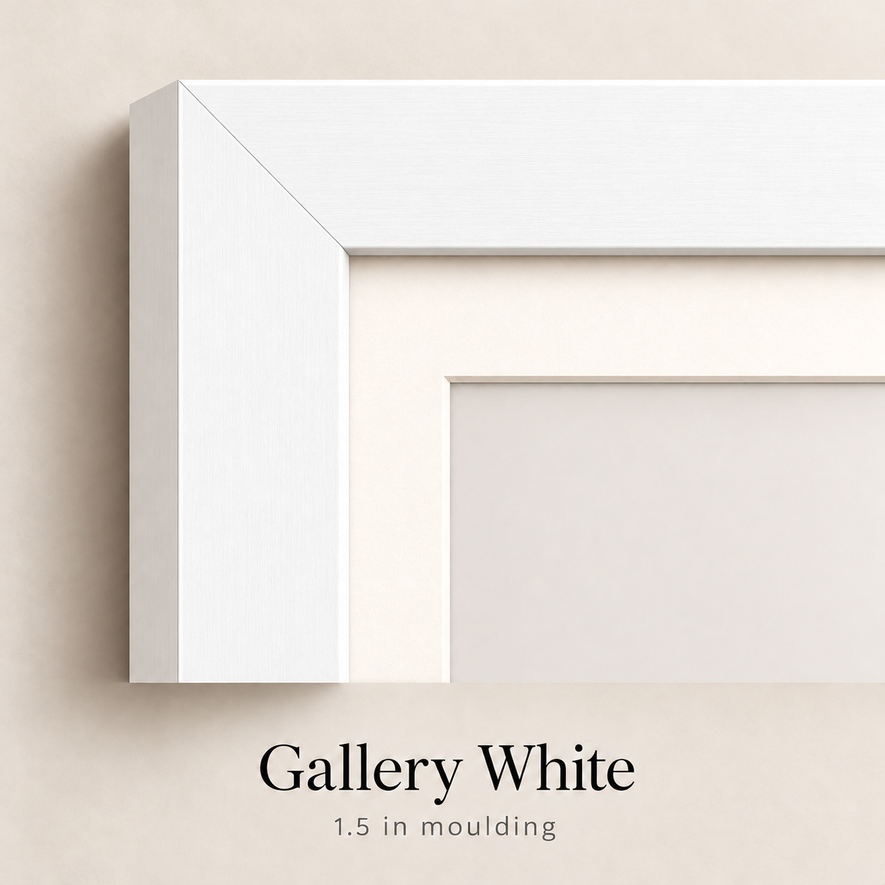 Corner of a Gallery White picture frame with 1.5 inch moulding, a mitered white wood edge and white mat on a neutral wall.