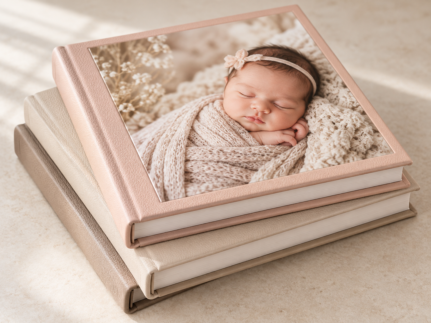 Stacked pink linen photo albums with a newborn baby portrait on the cover, sleeping peacefully wrapped in a knit swaddle.