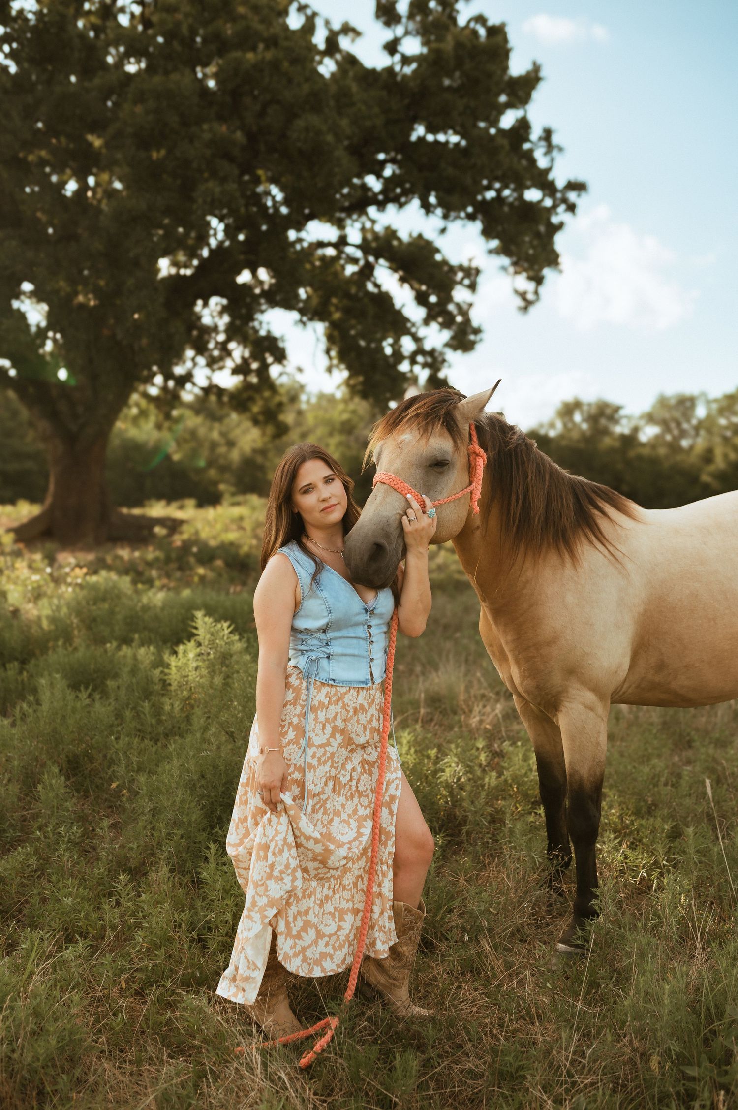 A serene outdoor photoshoot scene featuring a brown horse in a field with rural summer scenery and natural lighting.