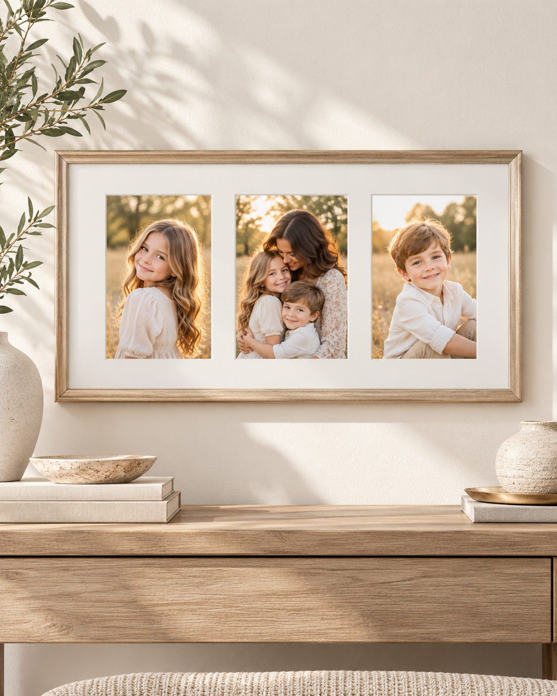 Three-photo framed family portrait in a light wood frame on a wooden console table with olive branches, a vase and books.