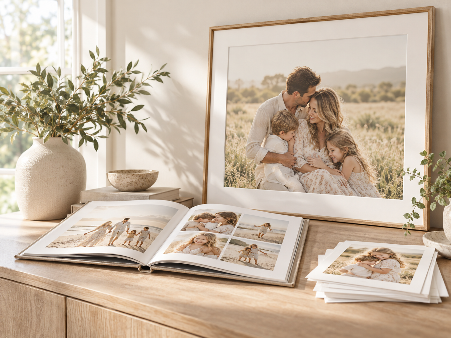 Open photo books and a framed family portrait displayed on a wooden dresser with a neutral aesthetic.