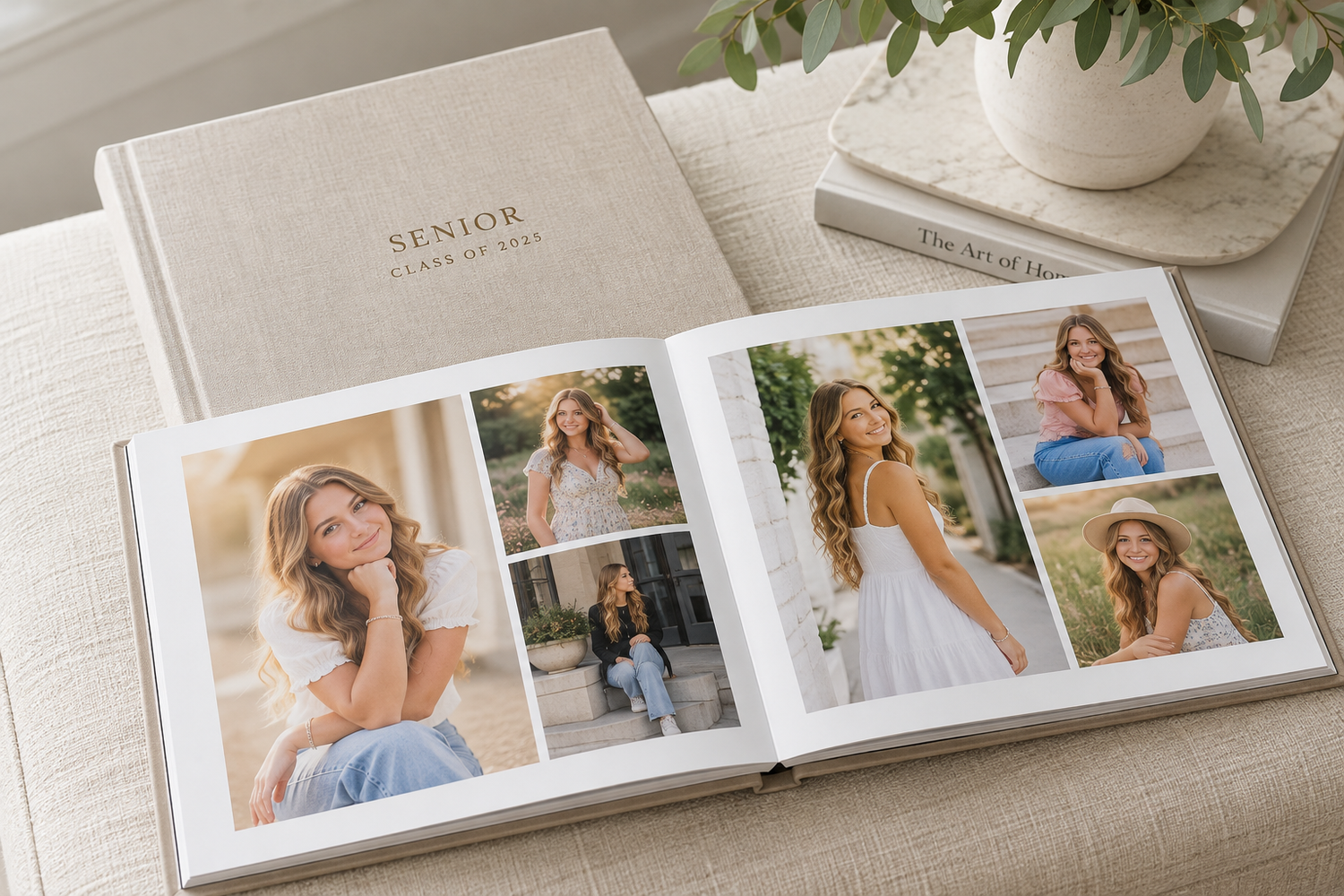 Senior class photo album open displaying portrait photos of a young woman, beside a linen hardcover book on a white surface.