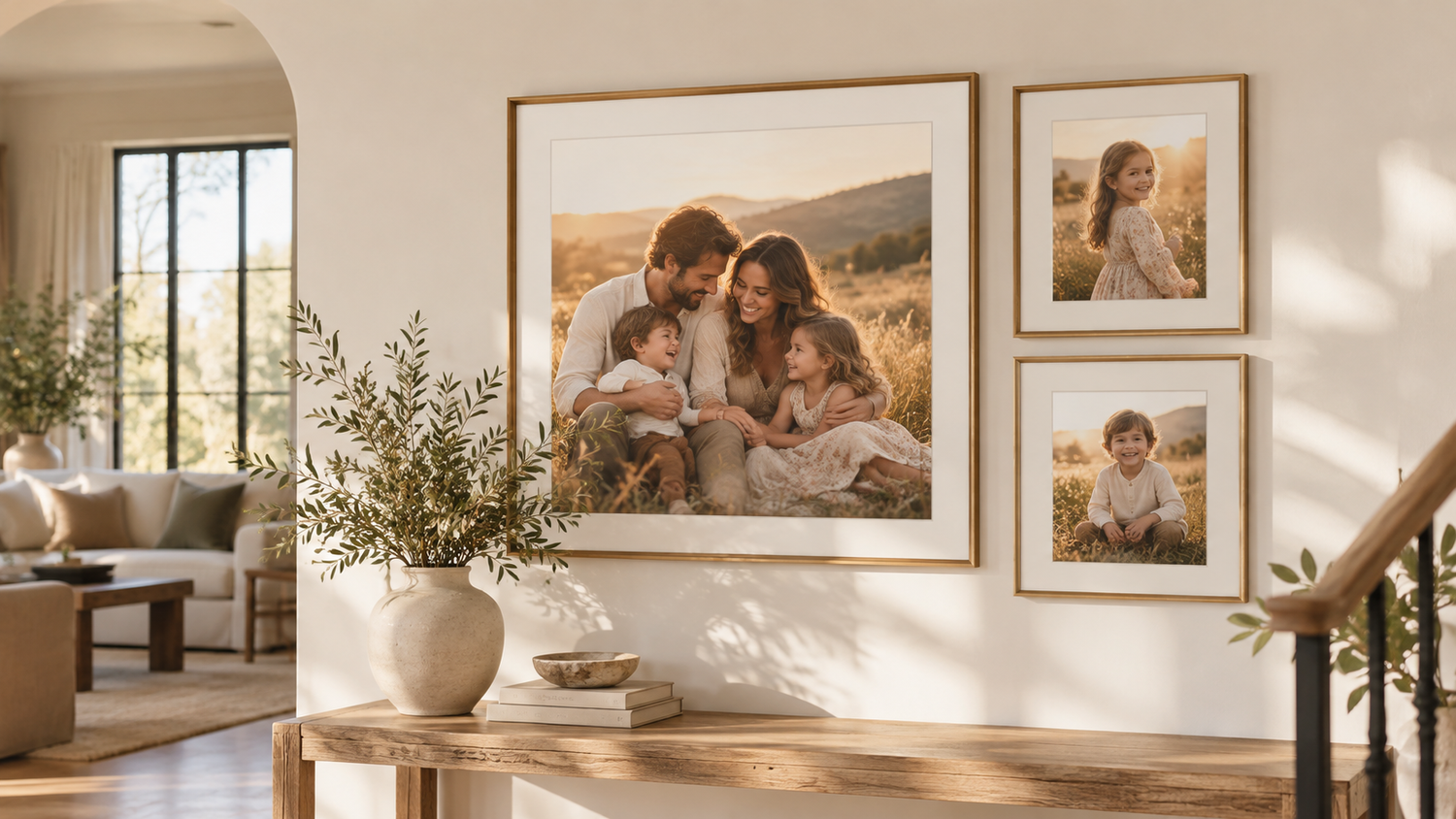 Sunlit living room wall displays framed family portraits above a wooden console table with a white vase of greenery and stacked books.