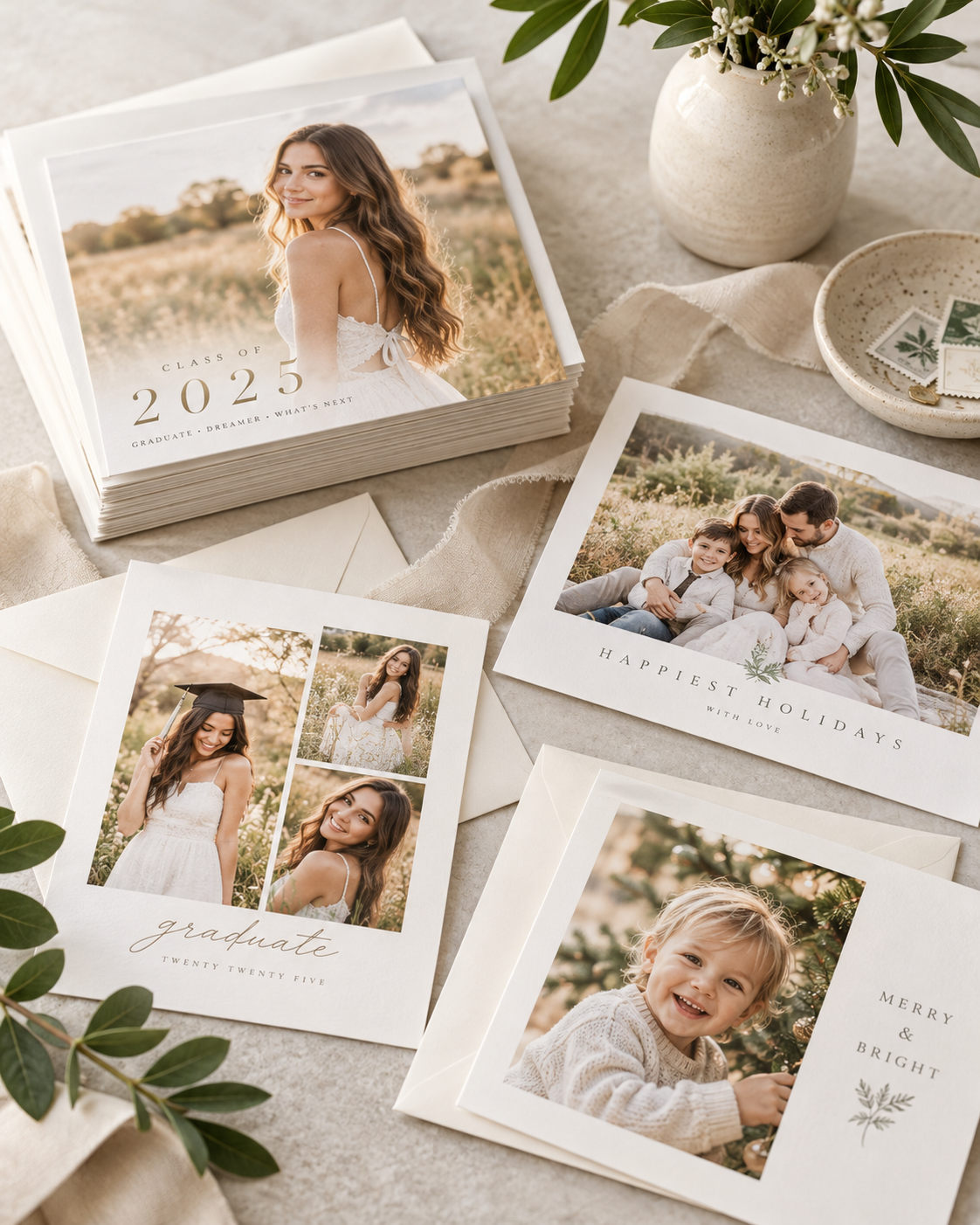 Assorted photo cards including a Class of 2025 graduation announcement, a Happiest Holidays family card, and a Merry & Bright toddler card.