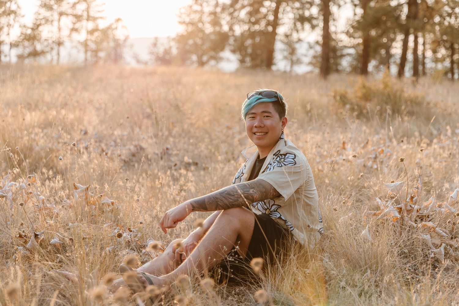 A person sits in a golden field during sunset creating a warm, dreamy atmosphere in nature.