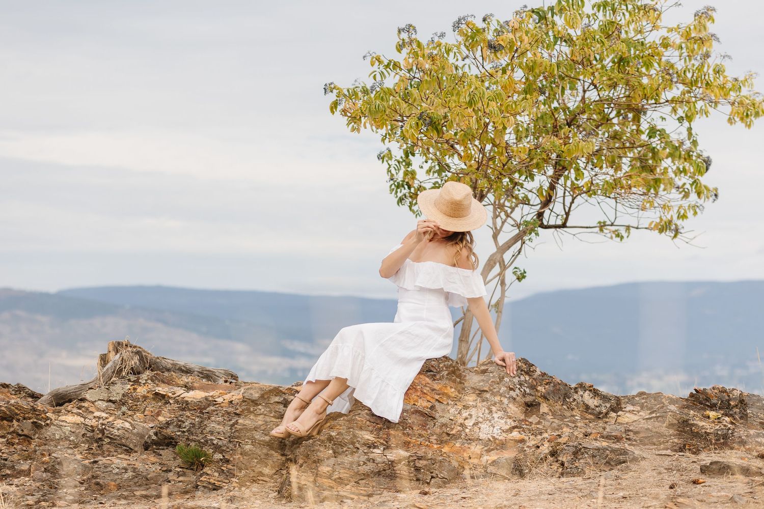 A white sundress against a scenic mountain backdrop with a lone tree on a rocky overlook.