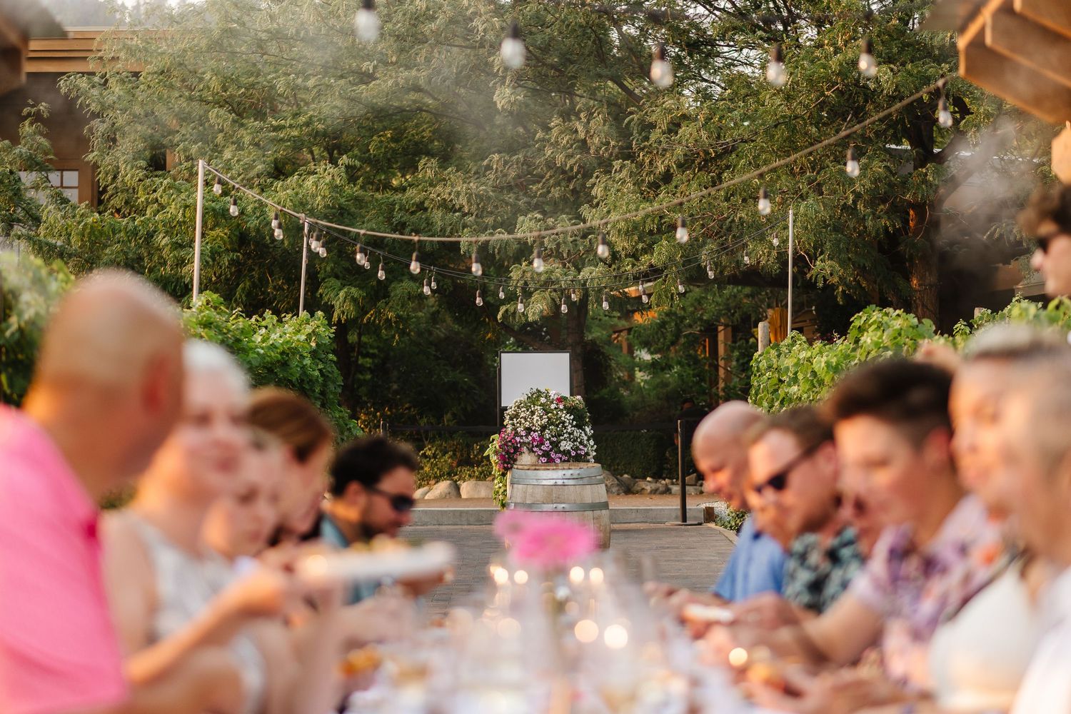 Panoramic view of a garden party gathering with string lights overhead and guests seated at long tables.