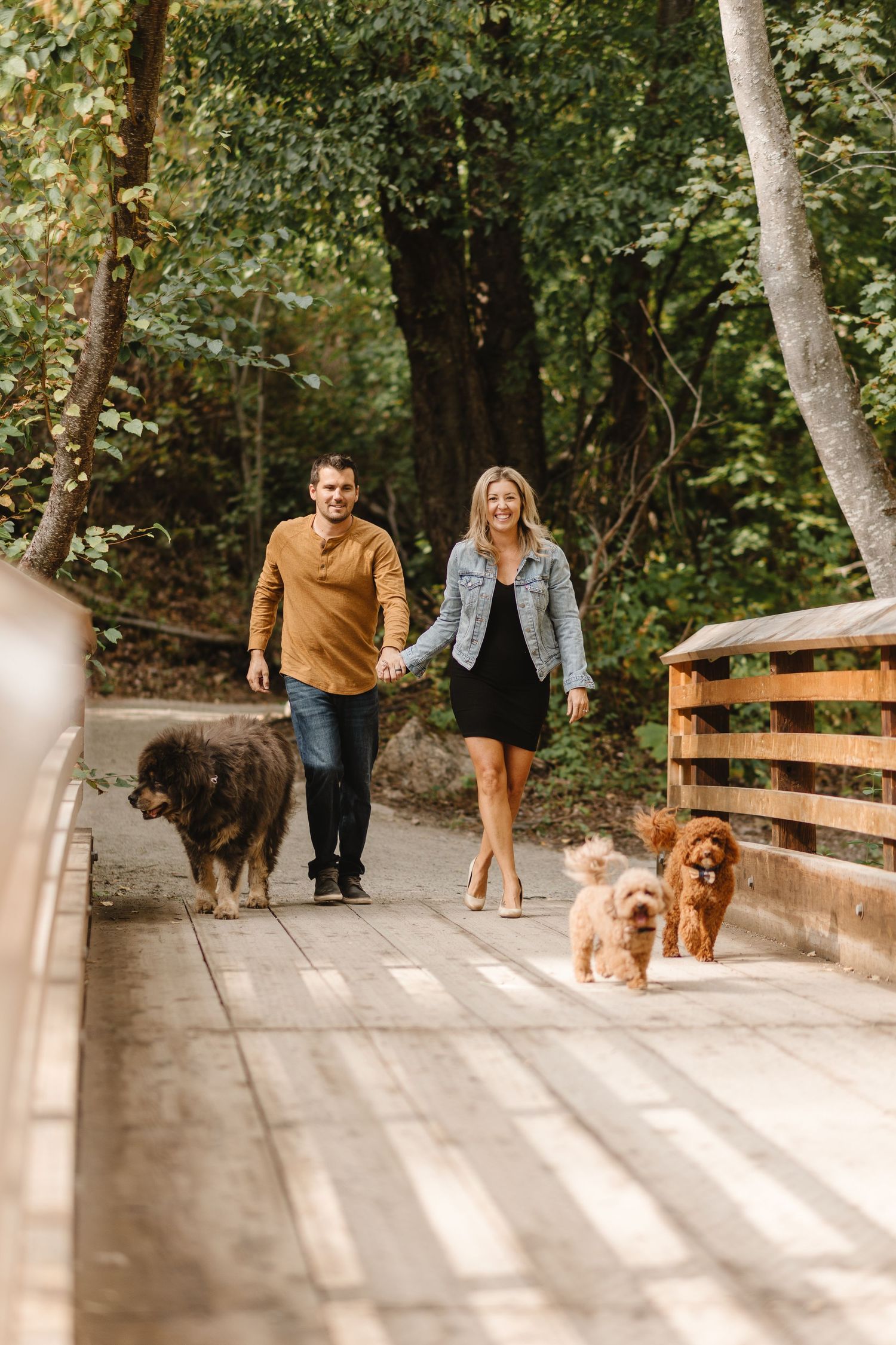 A couple walks their dogs across a wooden bridge in a scenic wooded park during a sunny afternoon.