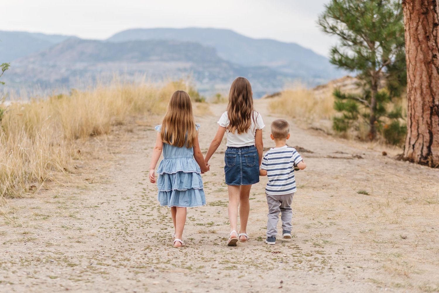 Three children walk hand in hand down a dirt path with mountains and pine trees in the background.