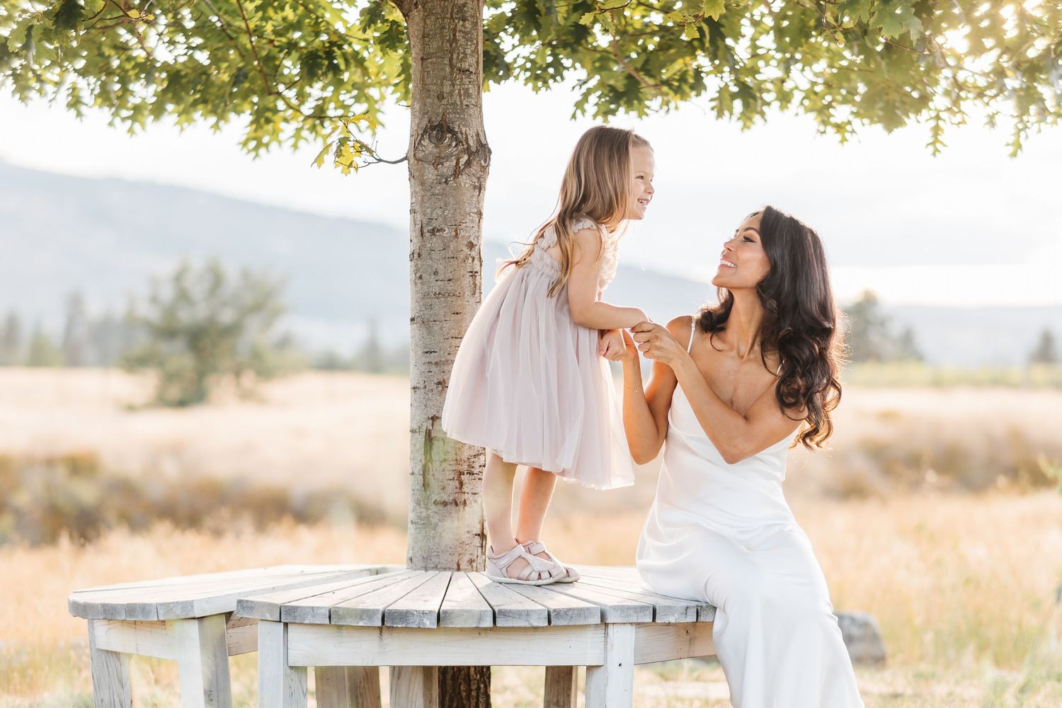 A dreamy outdoor photo session in a golden field with soft sunlight filtering through trees.