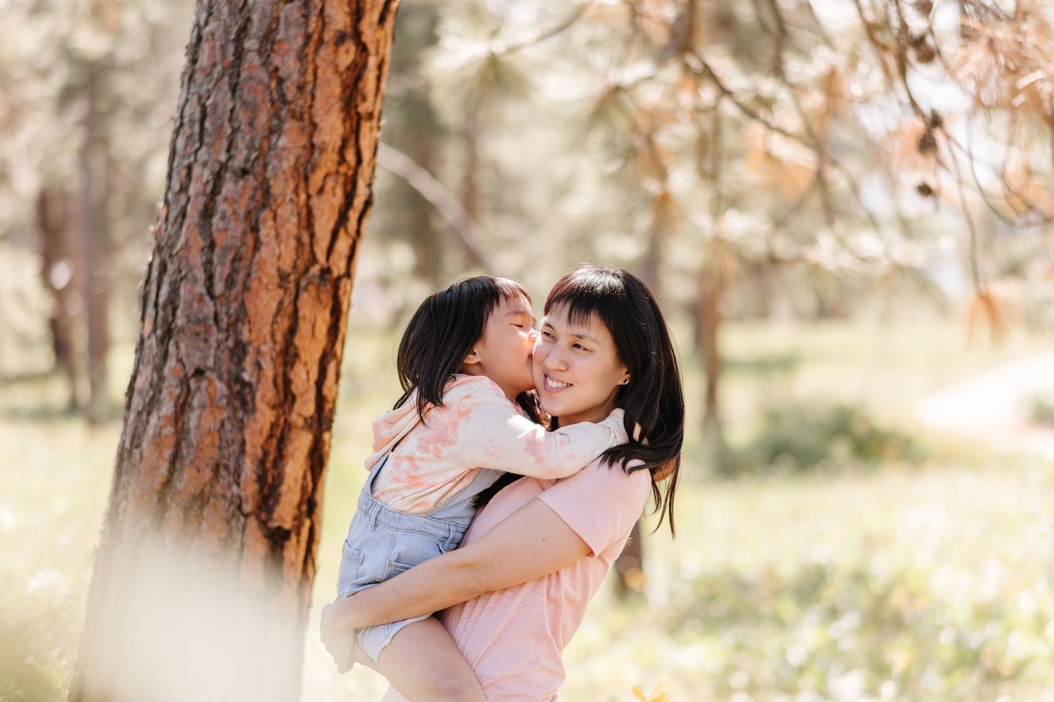 Couple embracing in a romantic outdoor photoshoot among tall pine trees in a sunlit forest.