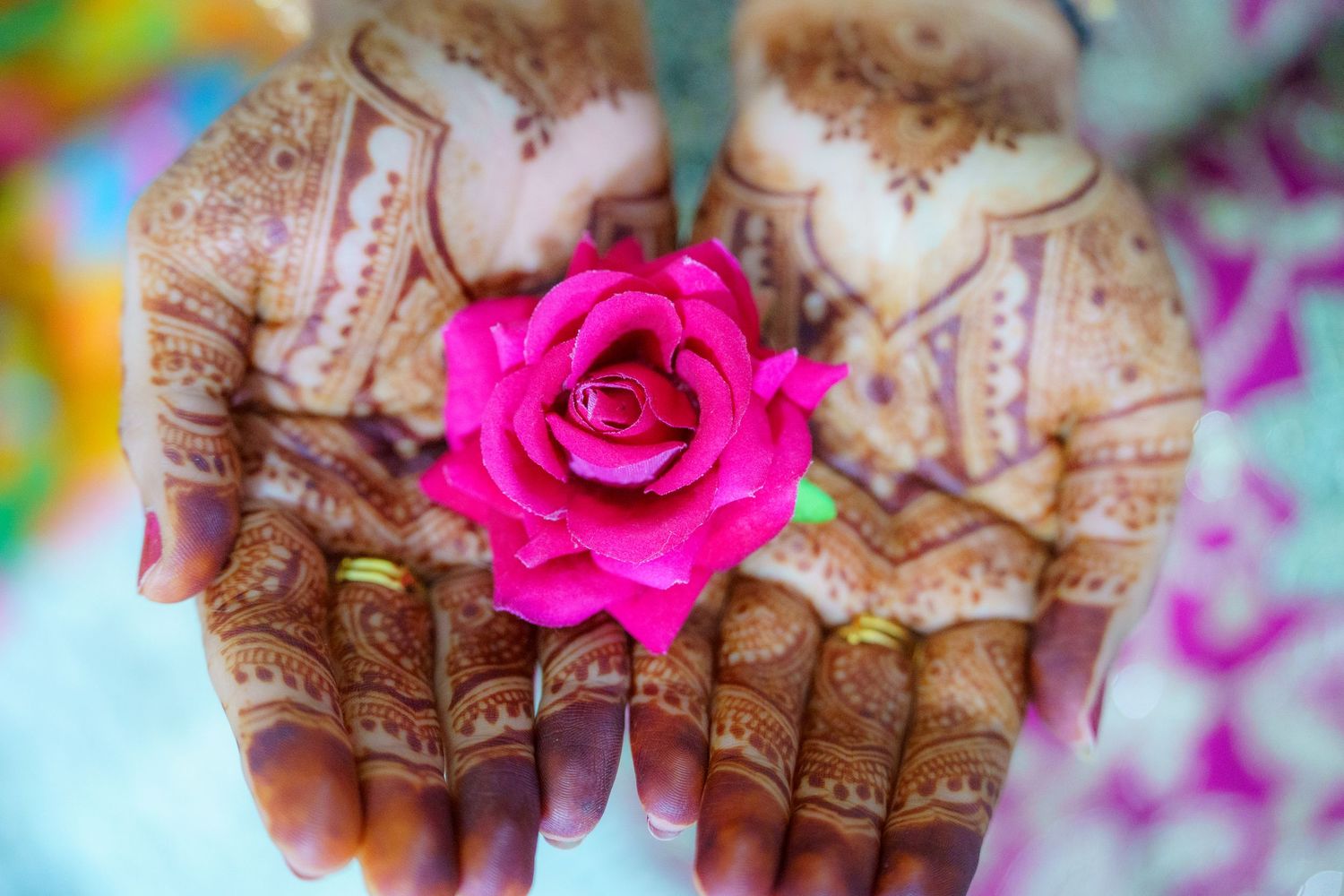 A vibrant pink rose sits atop hands decorated with intricate henna designs against a colorful blurred background.