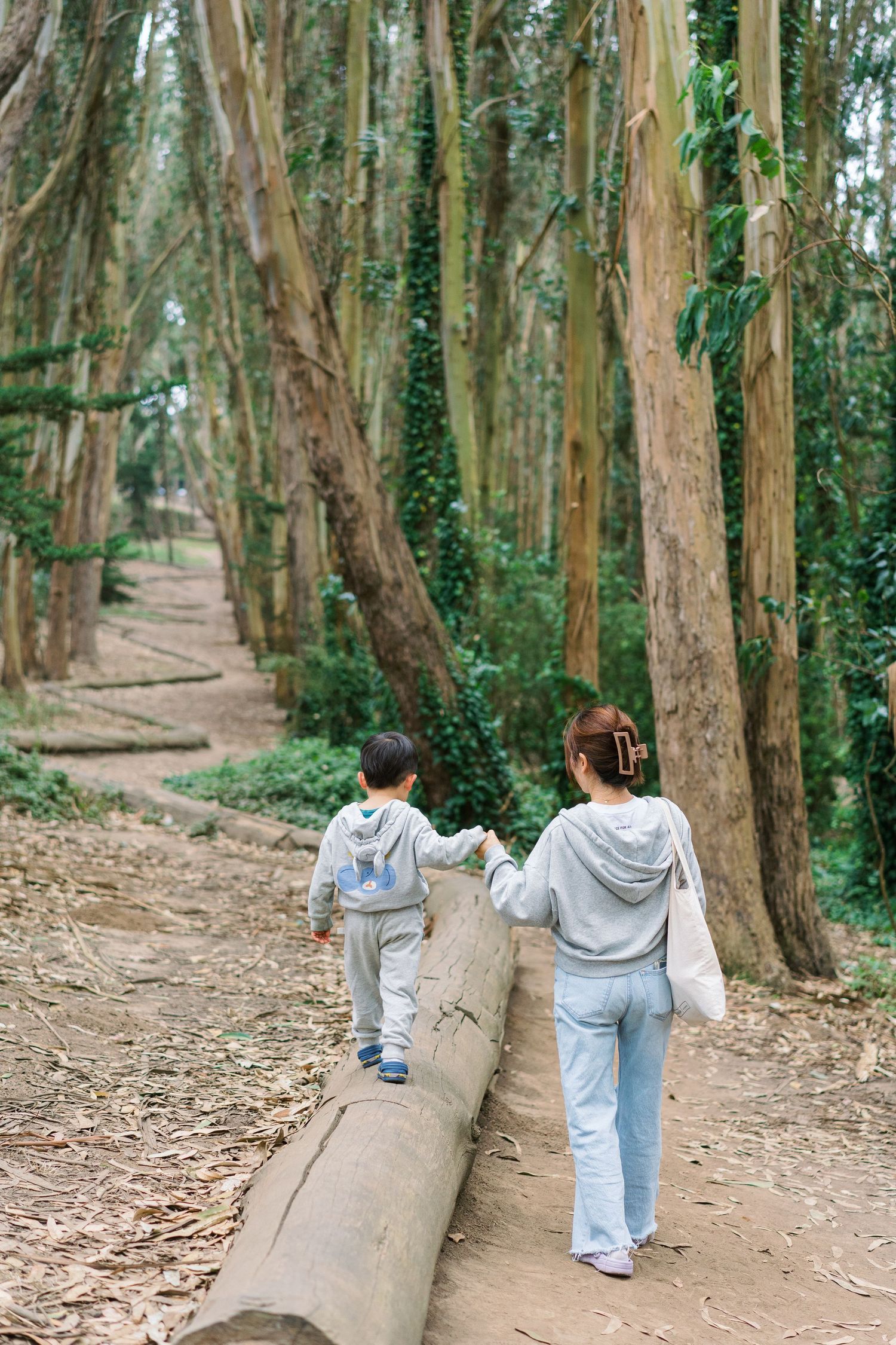 Two people in matching gray outfits walk along a winding dirt path through a grove of tall eucalyptus trees.