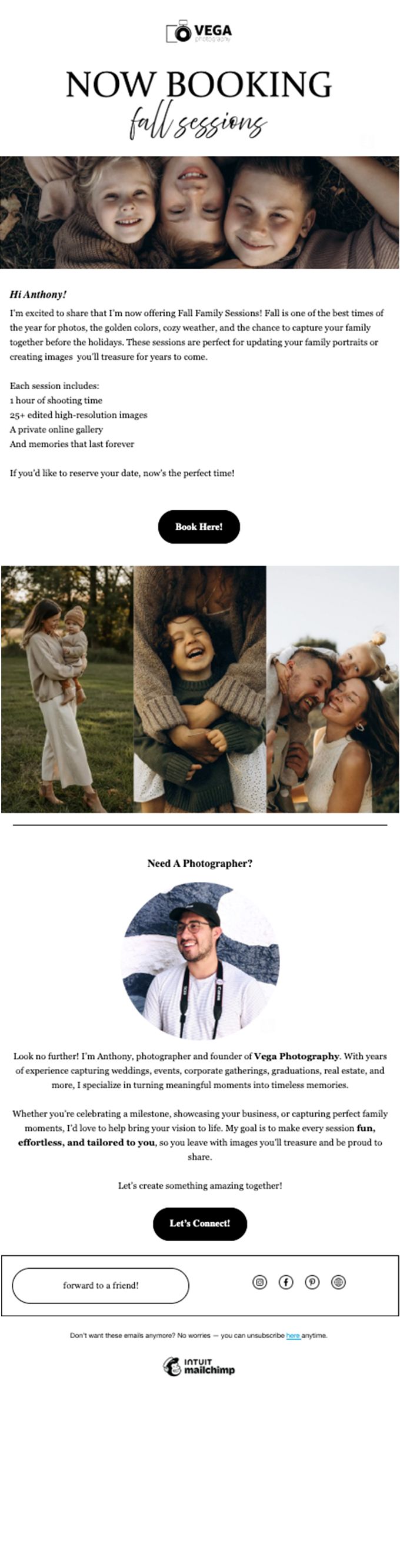 Photography website landing page showcasing fall family photo sessions with outdoor lifestyle images and booking information.