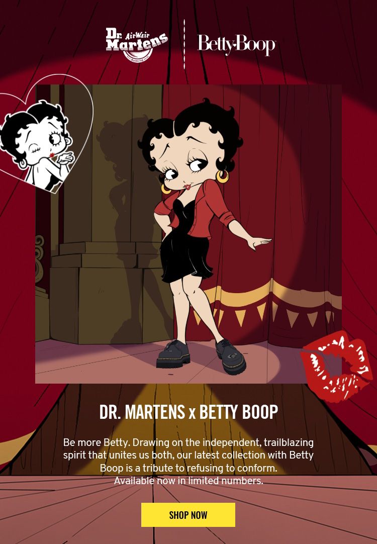 Dr. Martens x Betty Boop collaboration advertisement featuring cartoon character in red dress and boots against dark background.