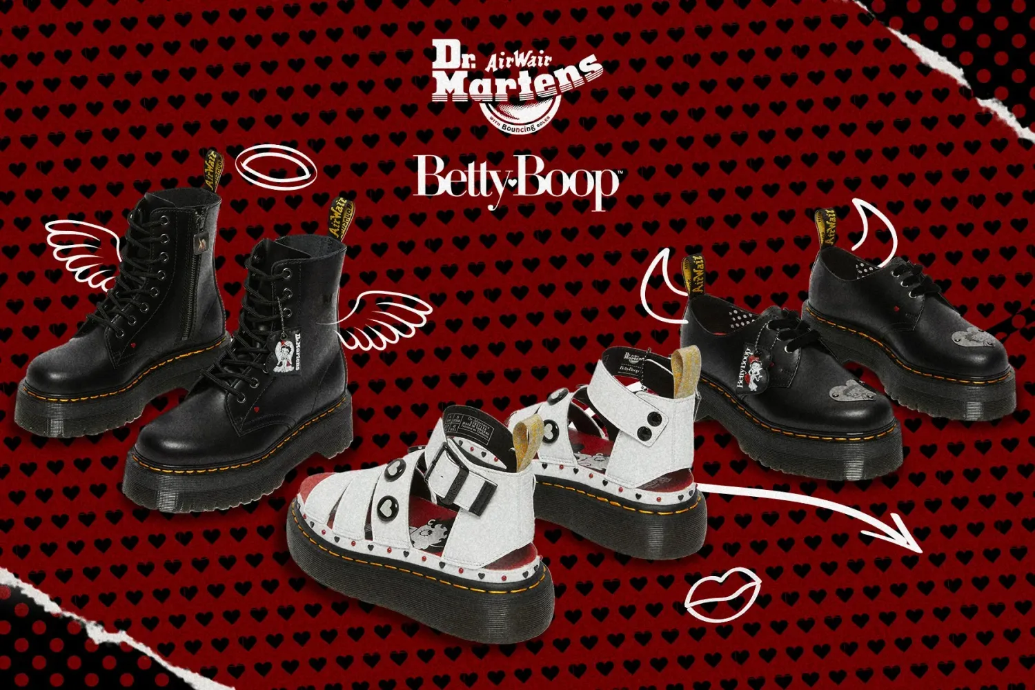 Dr. Martens x Betty Boop collaboration boots featuring black leather combat boots and white high-top sneakers with cartoon designs.