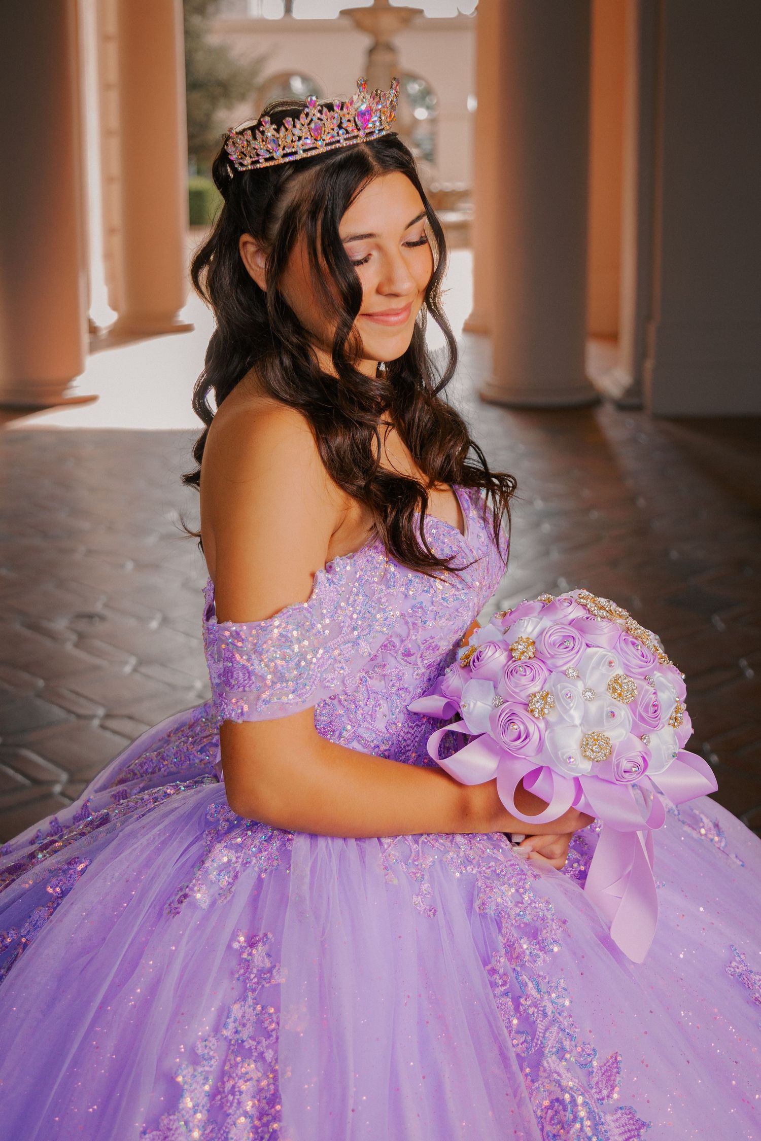 A quinceañera dress in lavender purple with sparkly details and off-shoulder design is showcased in multiple angles.