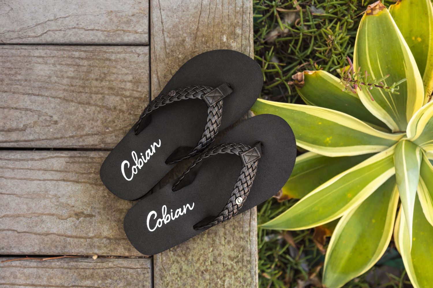 Black flip flops sit on weathered wooden deck boards next to green plant leaves in sunlight.