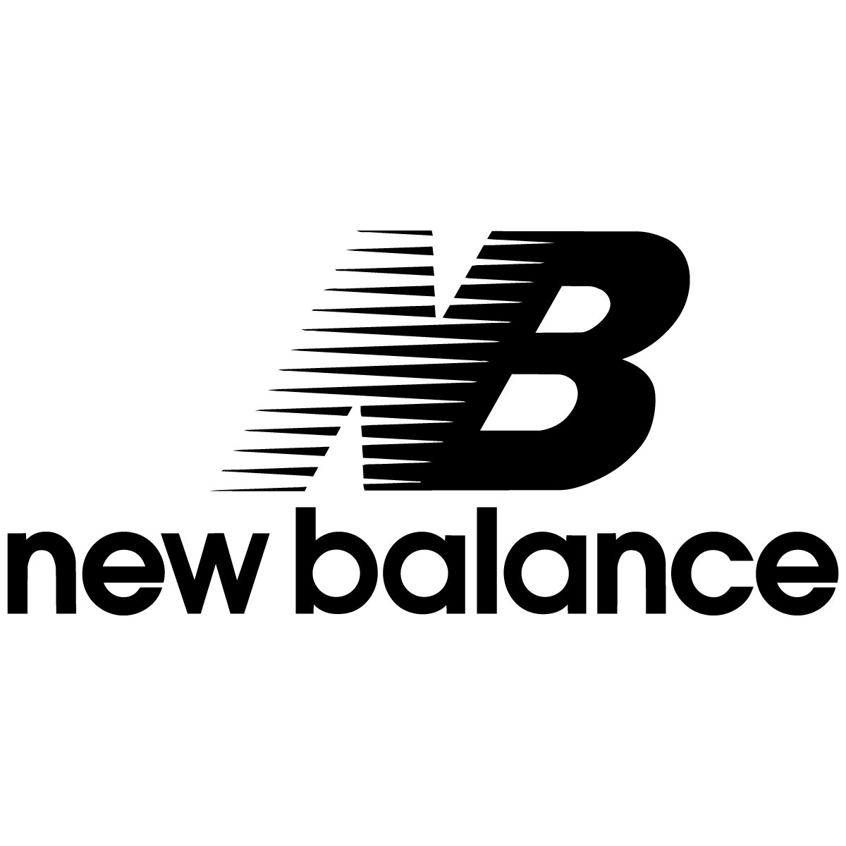 Black New Balance logo with motion lines showing speed effect on the letter N against white background.