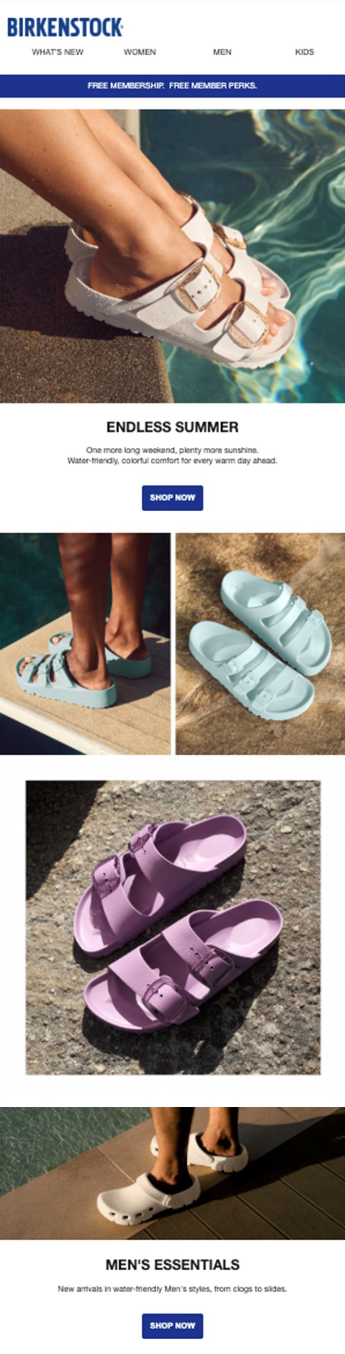 Birkenstock sandals collection showcases white, blue and purple styles against summer beach and poolside settings.