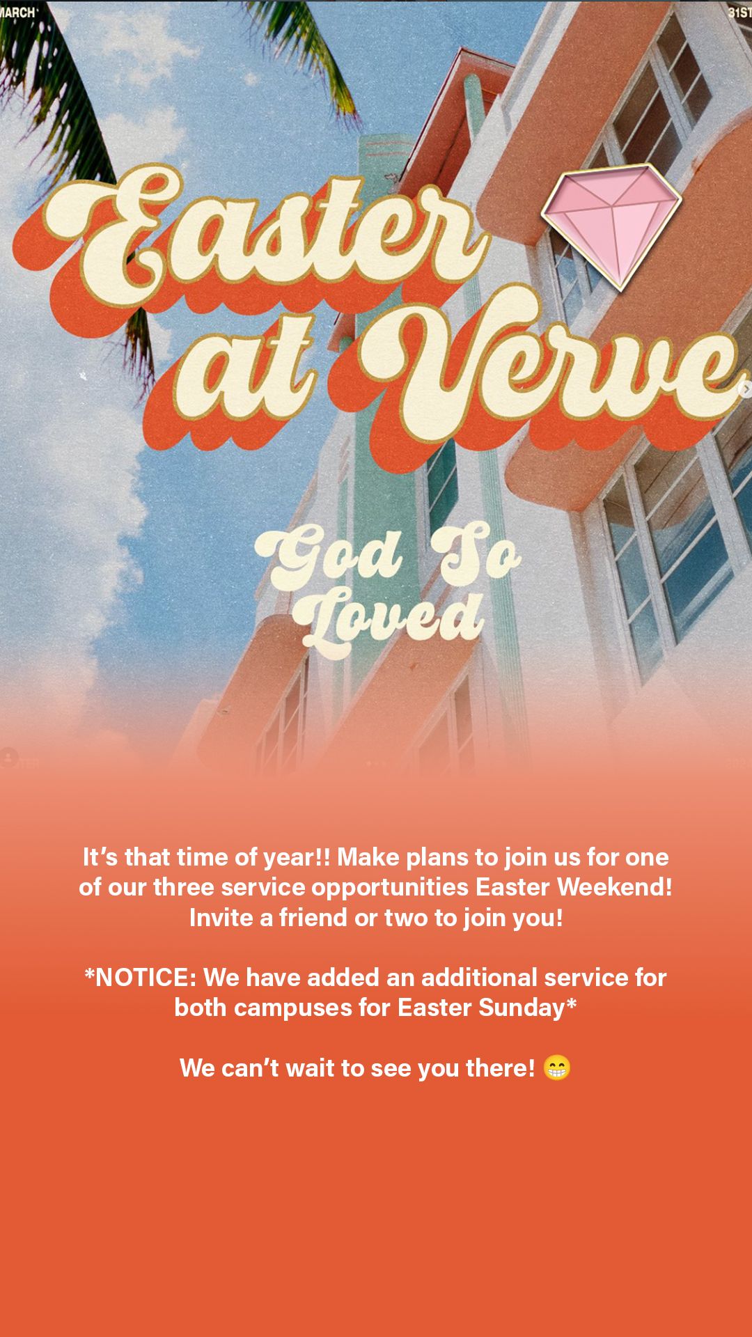 Easter service announcement with coral gradient background and retro-style white text advertising multiple service times.