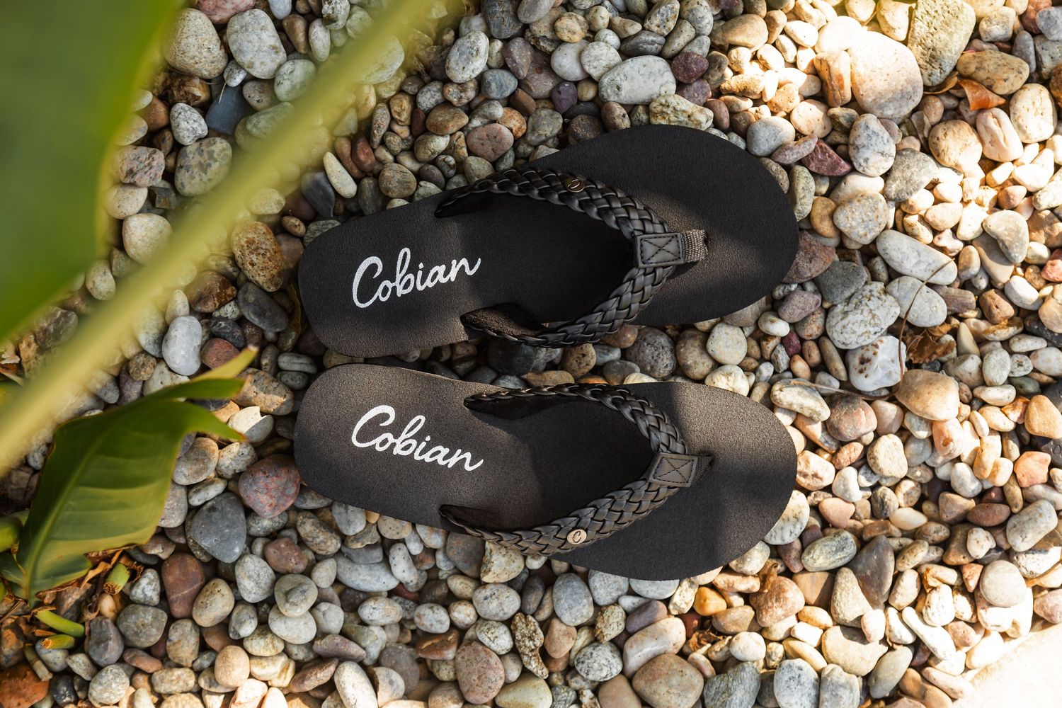 A pair of black Cobian flip flops resting on decorative pebbles next to a green tropical plant leaf.
