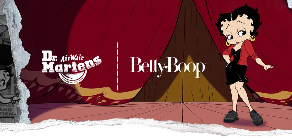 A cartoon character in a black dress poses against a red background with Dr. Martens and Betty Boop logos.