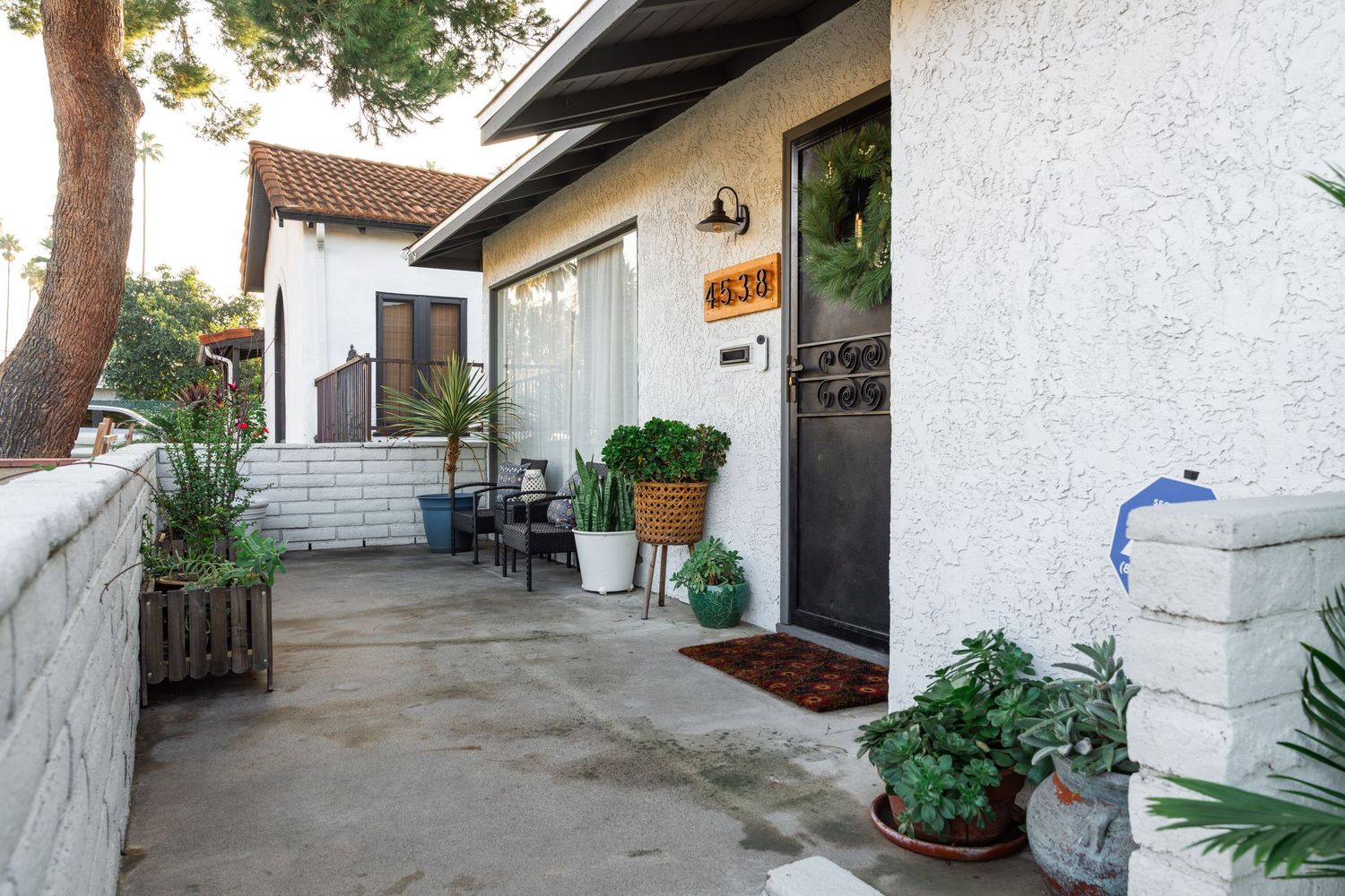 A long white stucco wall with a small window and palm tree extends along a narrow walkway.