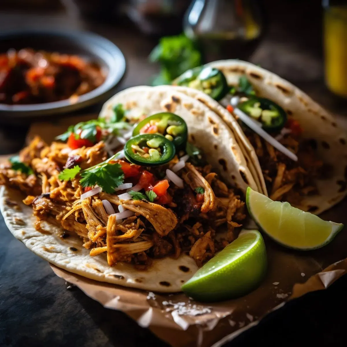 Close-up view of street tacos with shredded meat, lime wedges and fresh cilantro on corn tortillas.